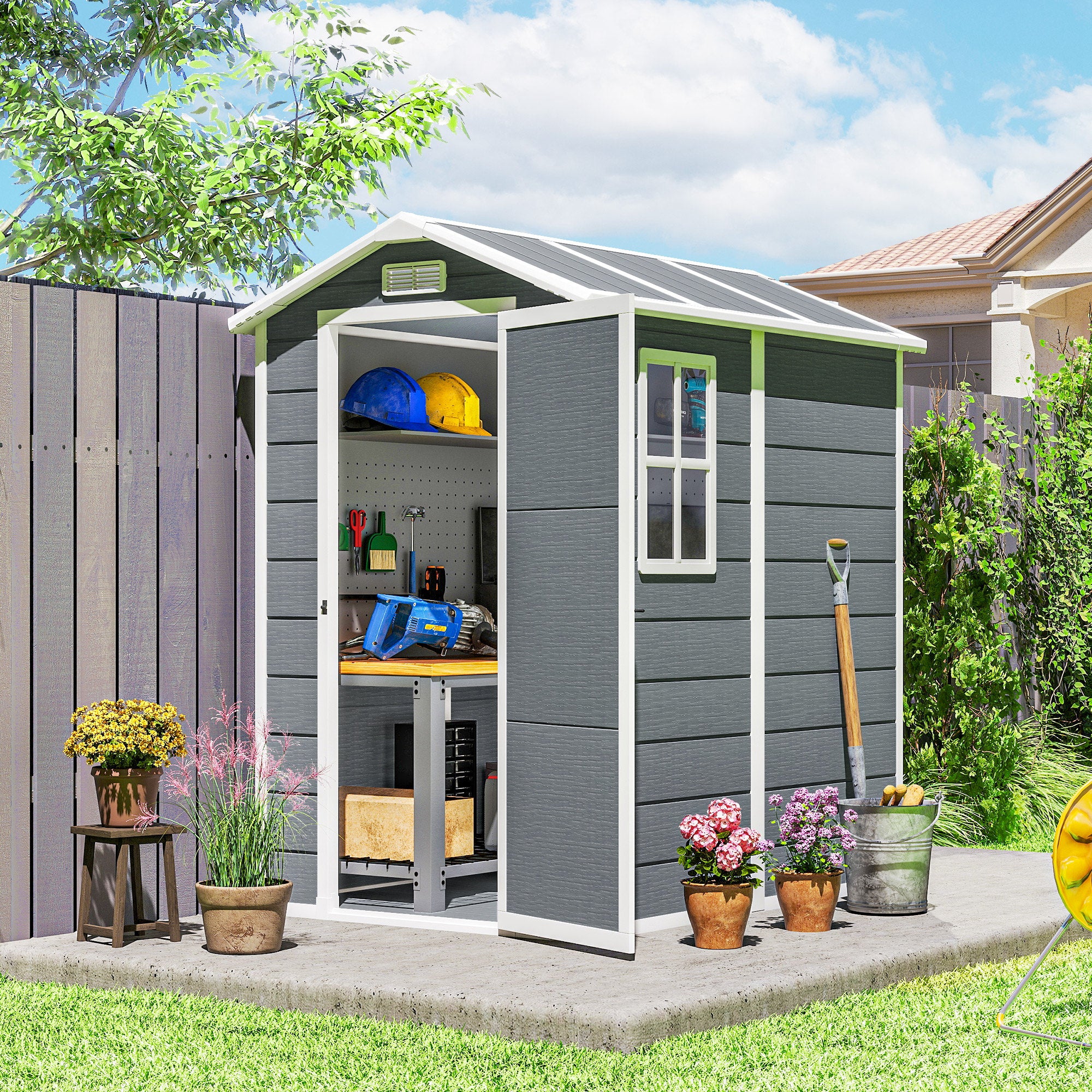 Outsunny Caseta de Jardín Exterior, 2,1 m², 131x186x198 cm, Cobertizo de Jardín Exterior con Suelo, Puerta con Cerradura, Ventana y 2 Ventilaciones, para Almacenamiento de Herramientas, Gris