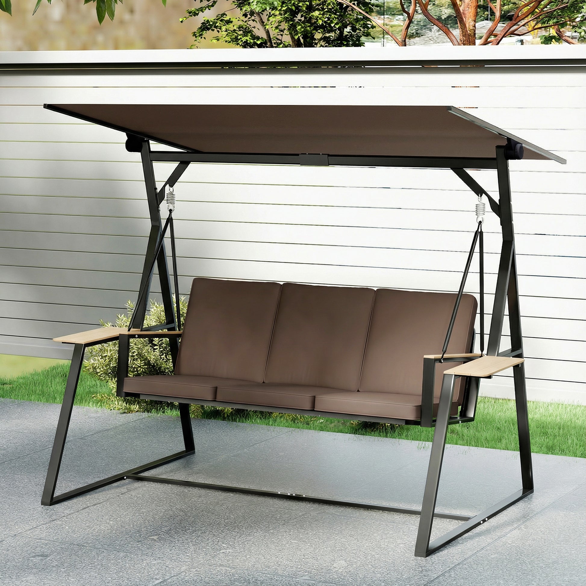 Outsunny Columpio de Jardín de 3 Plazas, Balancín de Jardín Exterior con Techo Ajustable UPF50+, 2 Bandejas, Cojines y Marco de Metal, para Balcón, Terraza, Patio, Carga 360 kg, 222x131x175 cm, Marrón