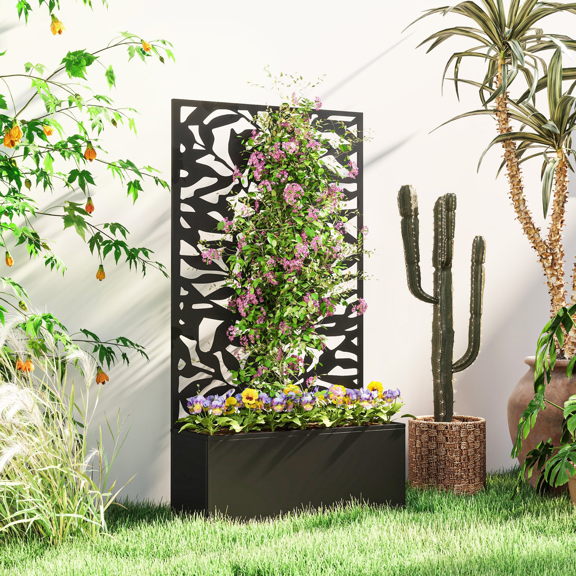 Outsunny Jardinera Exterior Grande de Metal Jardinera con Pantalla de Privacidad de Hojas Sólidas Decorativas Jardinera de Pared o Independiente para Patio Terraza 61x23x113 cm Negro
