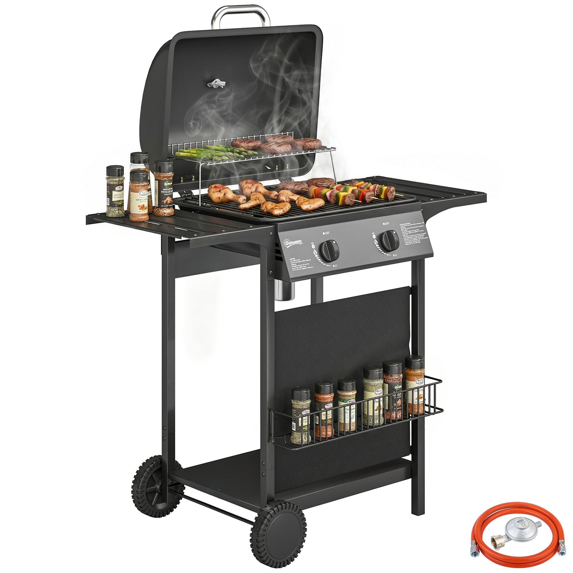 Outsunny Barbacoa de Gas BBQ Gas con 2 Quemadores 5 kW, Barbacoa Portátil con Termómetro, Mesas Laterales, Estante, Rejilla Calentadora, Encendido Piezoeléctrico, Bandeja de Grasa y 2 Ruedas, Negro