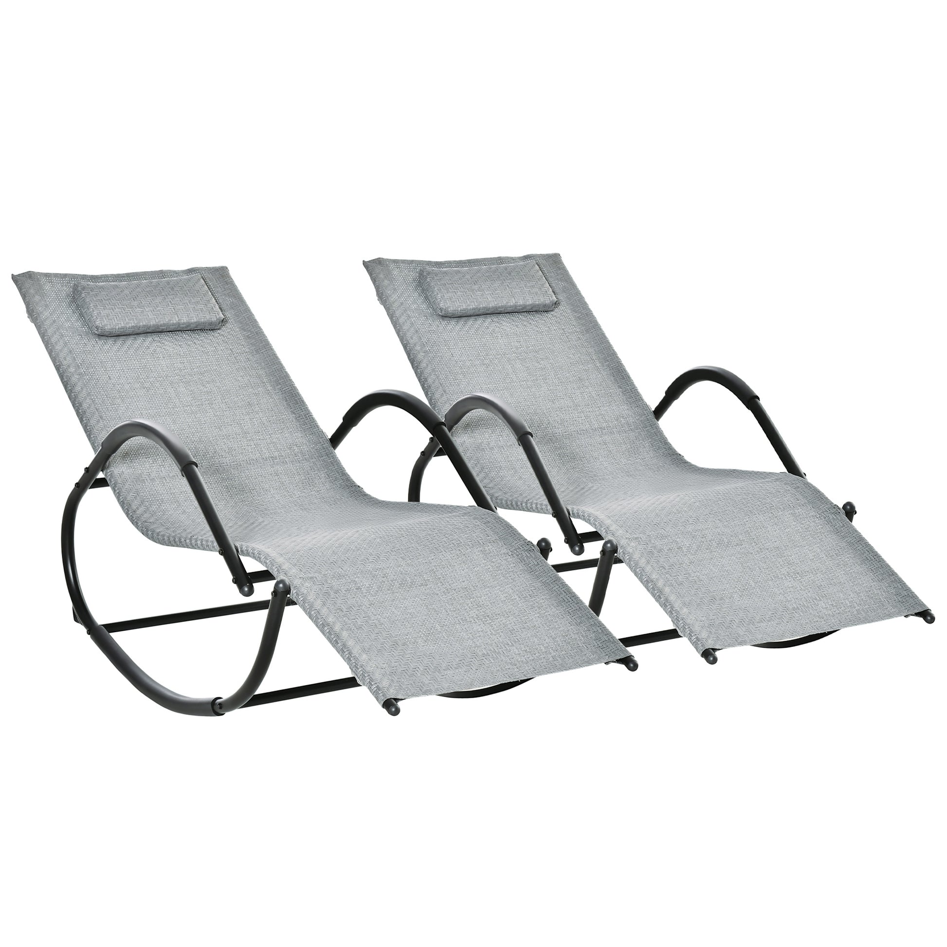 Outsunny Conjunto de 2 Mecedoras de Exterior Tumbonas Mecedoras con Reposabrazos Reposacabezas y Efecto de Ratán Carga 160 kg para Jardín Terraza 160x61x79 cm Gris