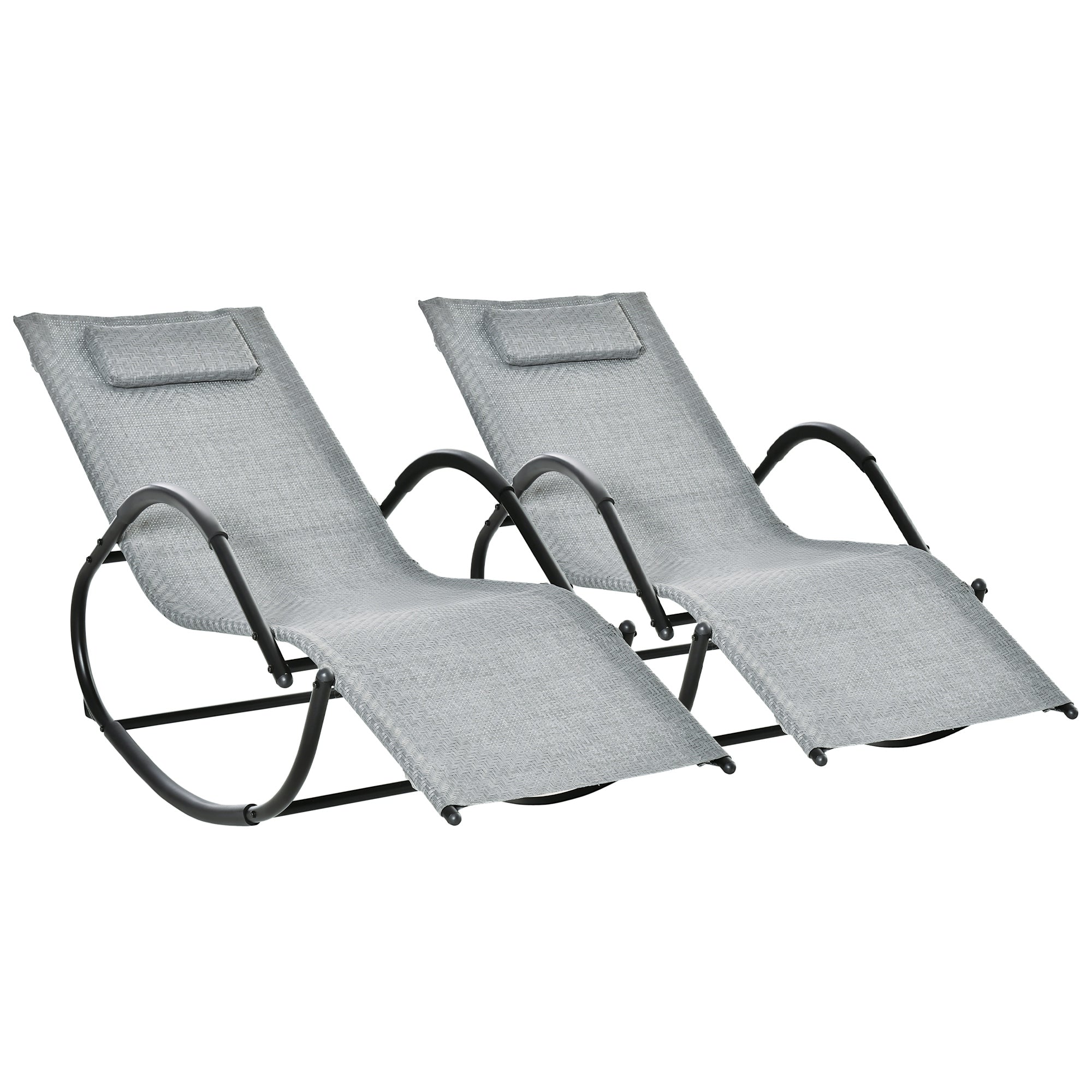 Outsunny Conjunto de 2 Mecedoras de Exterior Tumbonas Mecedoras con Reposabrazos Reposacabezas y Efecto de Ratán Carga 160 kg para Jardín Terraza 160x61x79 cm Gris