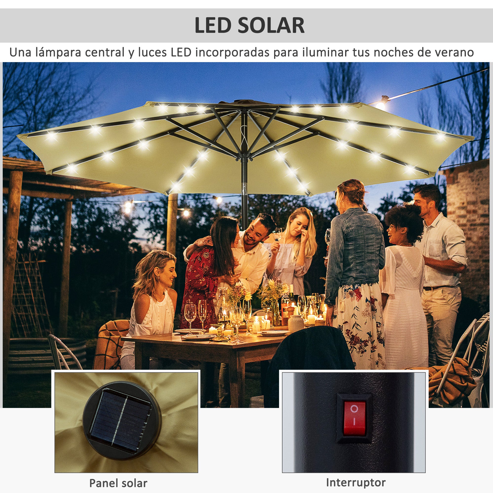 Outsunny Sombrilla de Jardín Ø268x238 cm Parasol de Terraza con 24 Luces LED Solar Mecanismo de Inclinación Manivela y Poste Desmontable de Metal para Piscina Patio Marrón