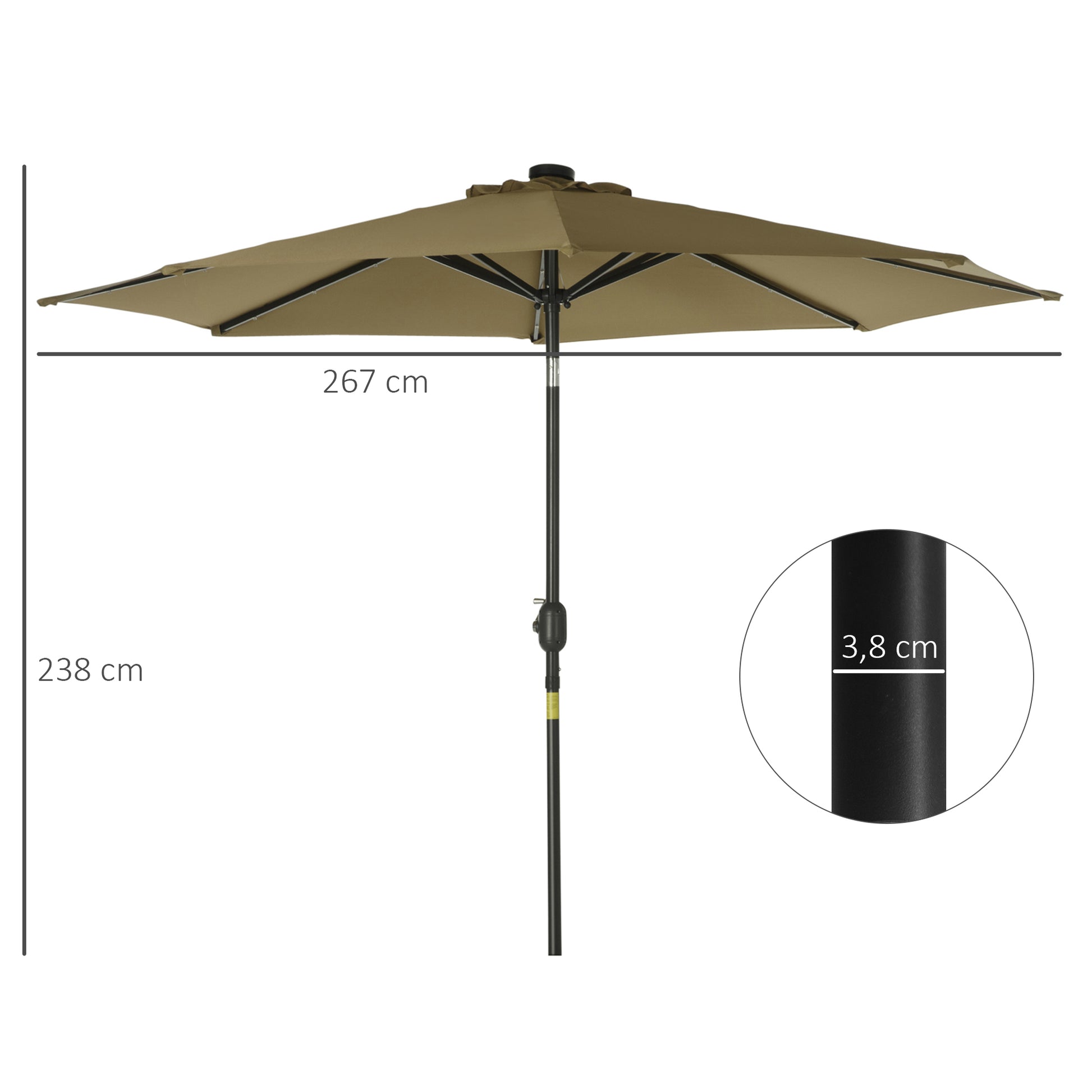 Outsunny Sombrilla de Jardín Ø268x238 cm Parasol de Terraza con 24 Luces LED Solar Mecanismo de Inclinación Manivela y Poste Desmontable de Metal para Piscina Patio Marrón