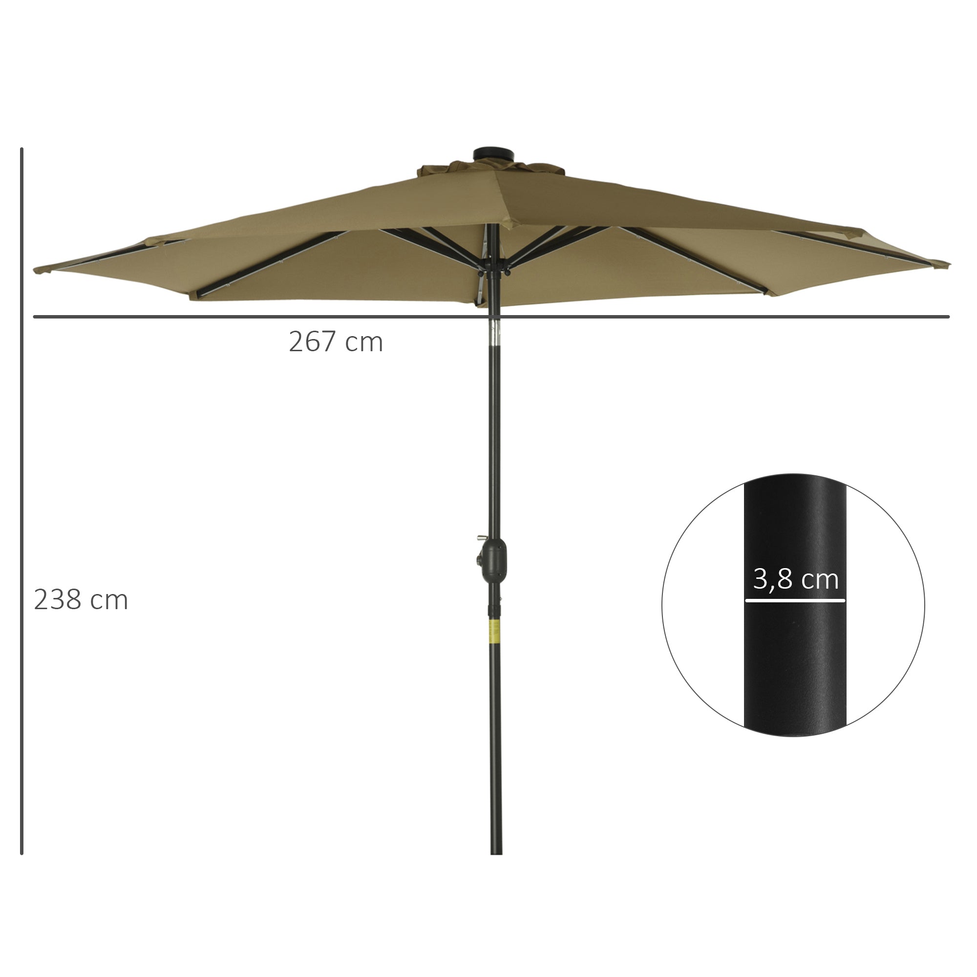 Outsunny Sombrilla de Jardín Ø268x238 cm Parasol de Terraza con 24 Luces LED Solar Mecanismo de Inclinación Manivela y Poste Desmontable de Metal para Piscina Patio Marrón