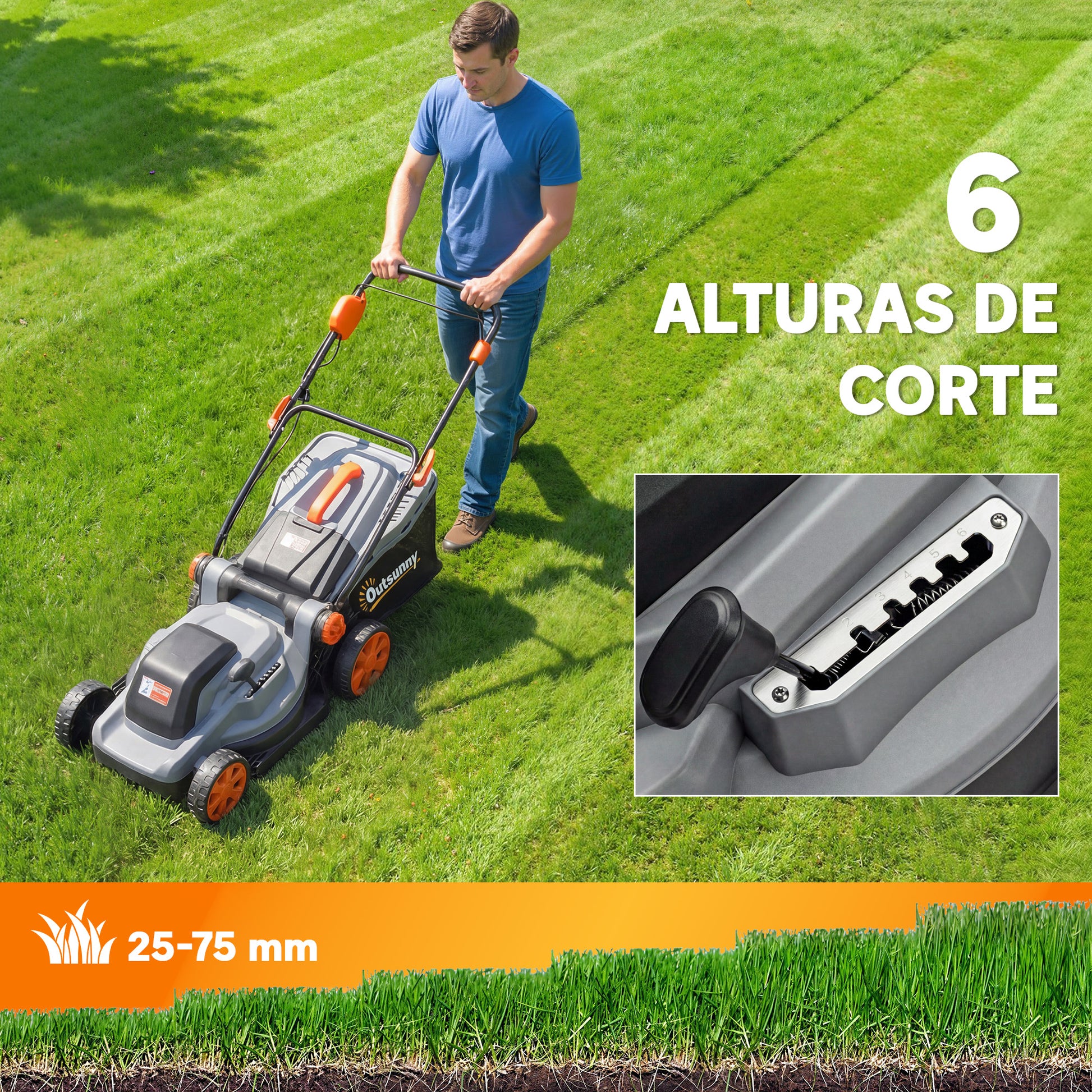 Outsunny Cortacésped a Batería Inalámbrico 18V, 2 Baterías de 4Ah, Ancho de Corte 34 cm hasta 400 m², Función Mulching, Motor sin Escobillas 700 W, Bolsa 35L, 6 Alturas Corte 25-75 mm, Mango Ajustable