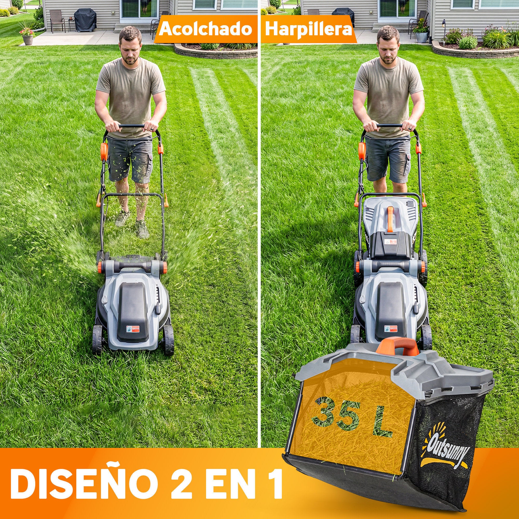 Outsunny Cortacésped a Batería Inalámbrico 18V, 2 Baterías de 4Ah, Ancho de Corte 34 cm hasta 400 m², Función Mulching, Motor sin Escobillas 700 W, Bolsa 35L, 6 Alturas Corte 25-75 mm, Mango Ajustable