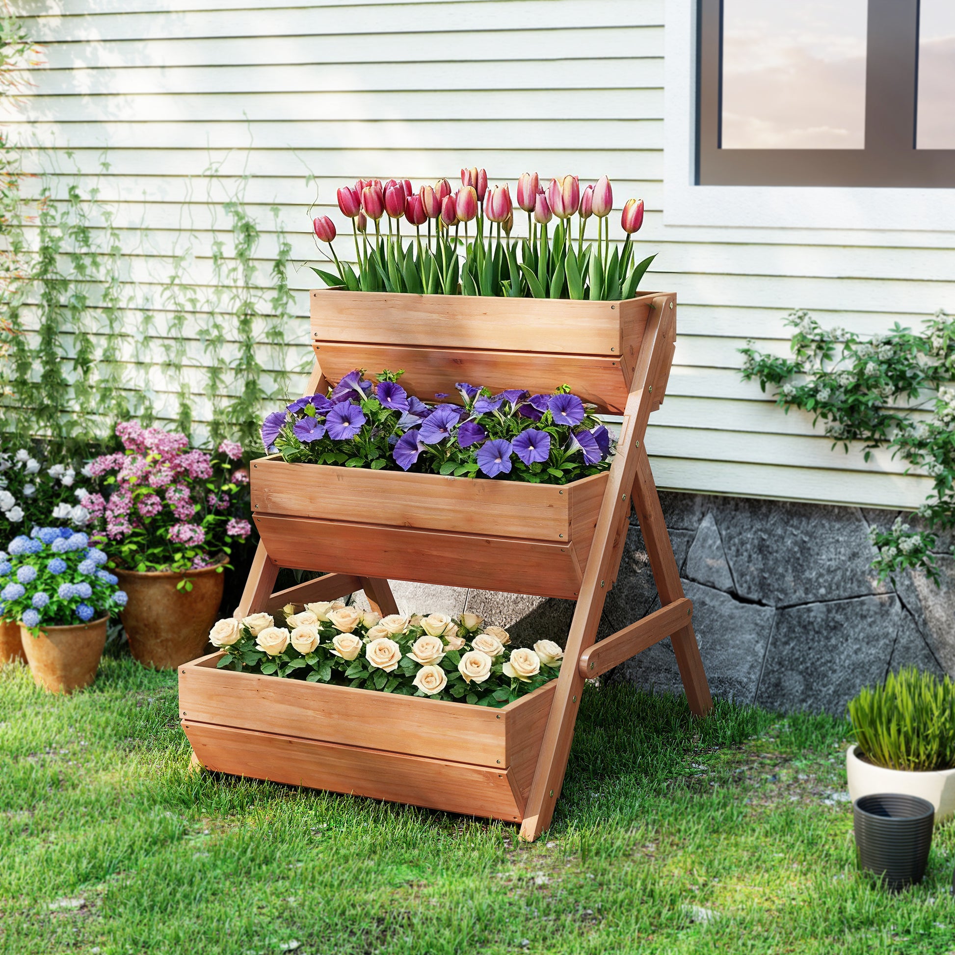 Outsunny Jardinera de Madera de 3 Niveles, Jardinera Elevada Exterior con Orificios de Drenaje, Macetero para Cultivos de Plantas, Flores, para Terraza, Jardín, 65x75x76 cm, Marrón