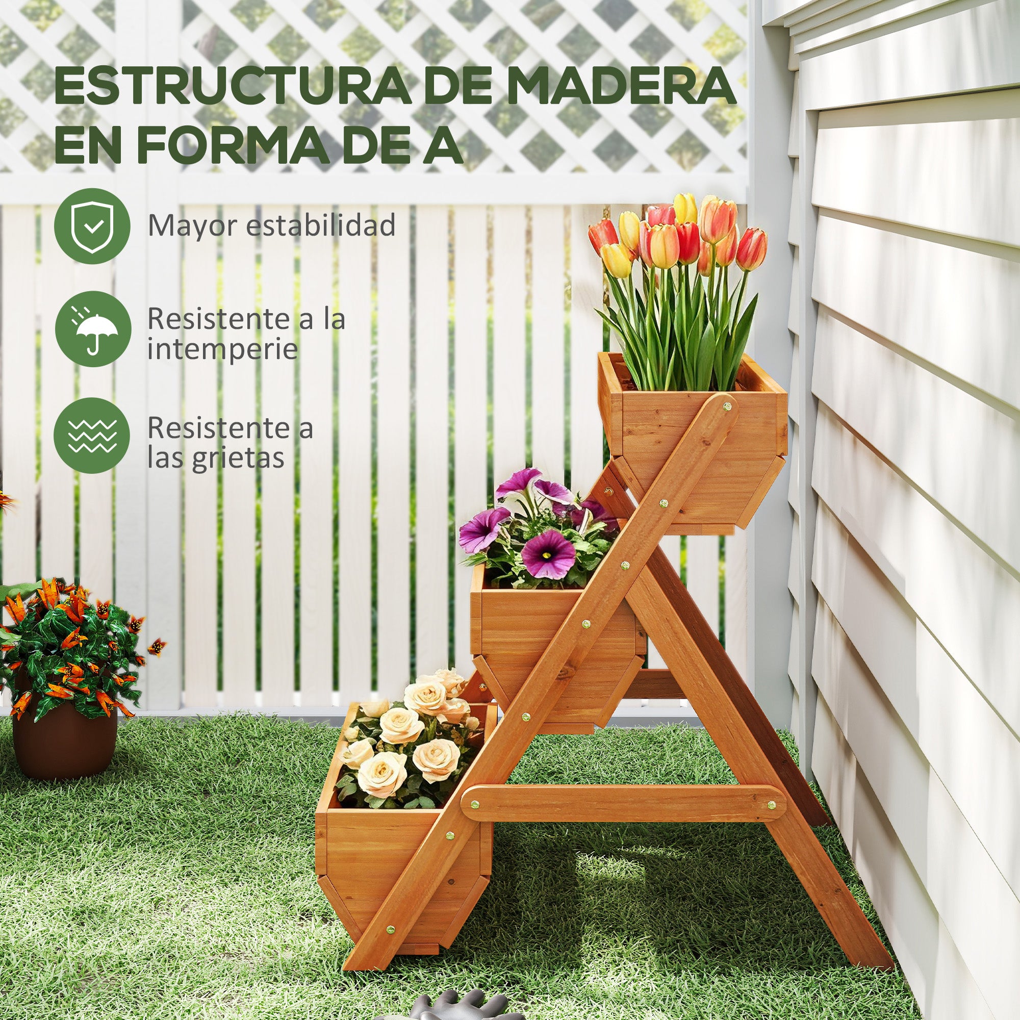 Outsunny Jardinera de Madera de 3 Niveles, Jardinera Elevada Exterior con Orificios de Drenaje, Macetero para Cultivos de Plantas, Flores, para Terraza, Jardín, 65x75x76 cm, Marrón