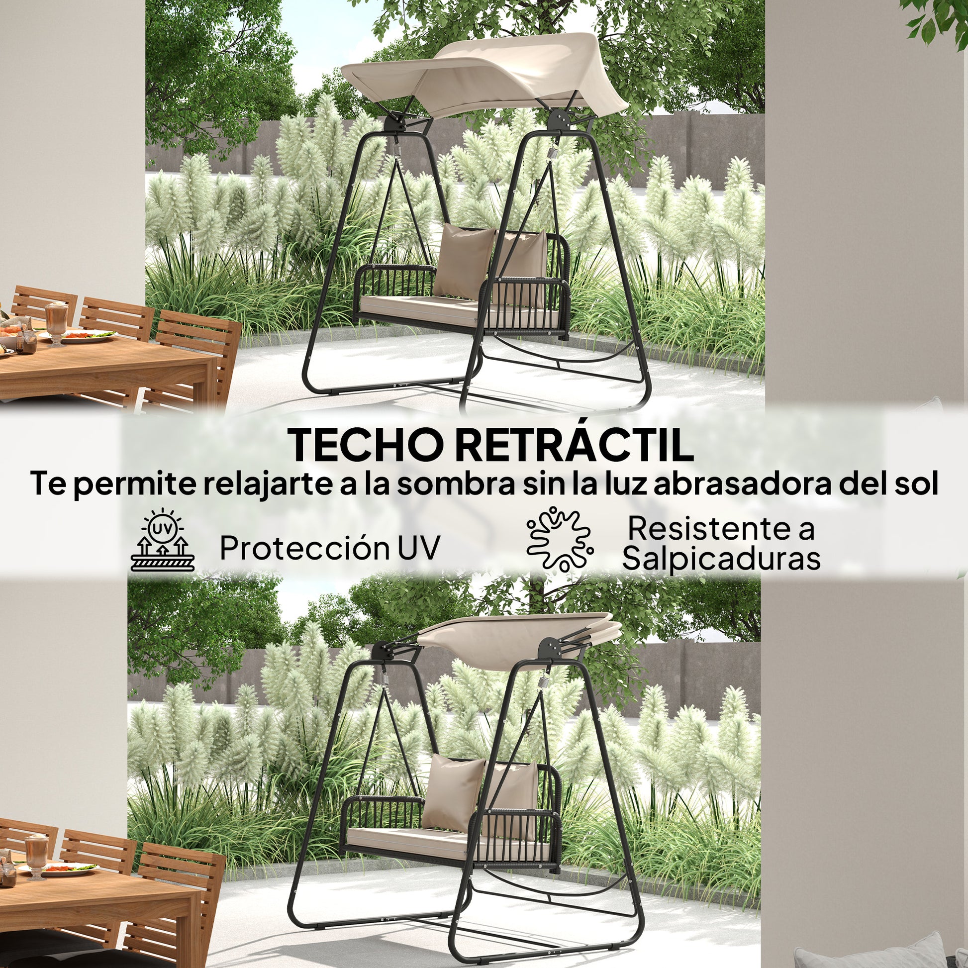 Outsunny Columpio de Jardín de 2 Plazas Balancín de Jardín Exterior con Toldo Retráctil Cojines y Estructura de Acero con Ratán PE Anti-UV para Balcón Terraza Patio Carga 240 kg 149x121x180 cm Caqui