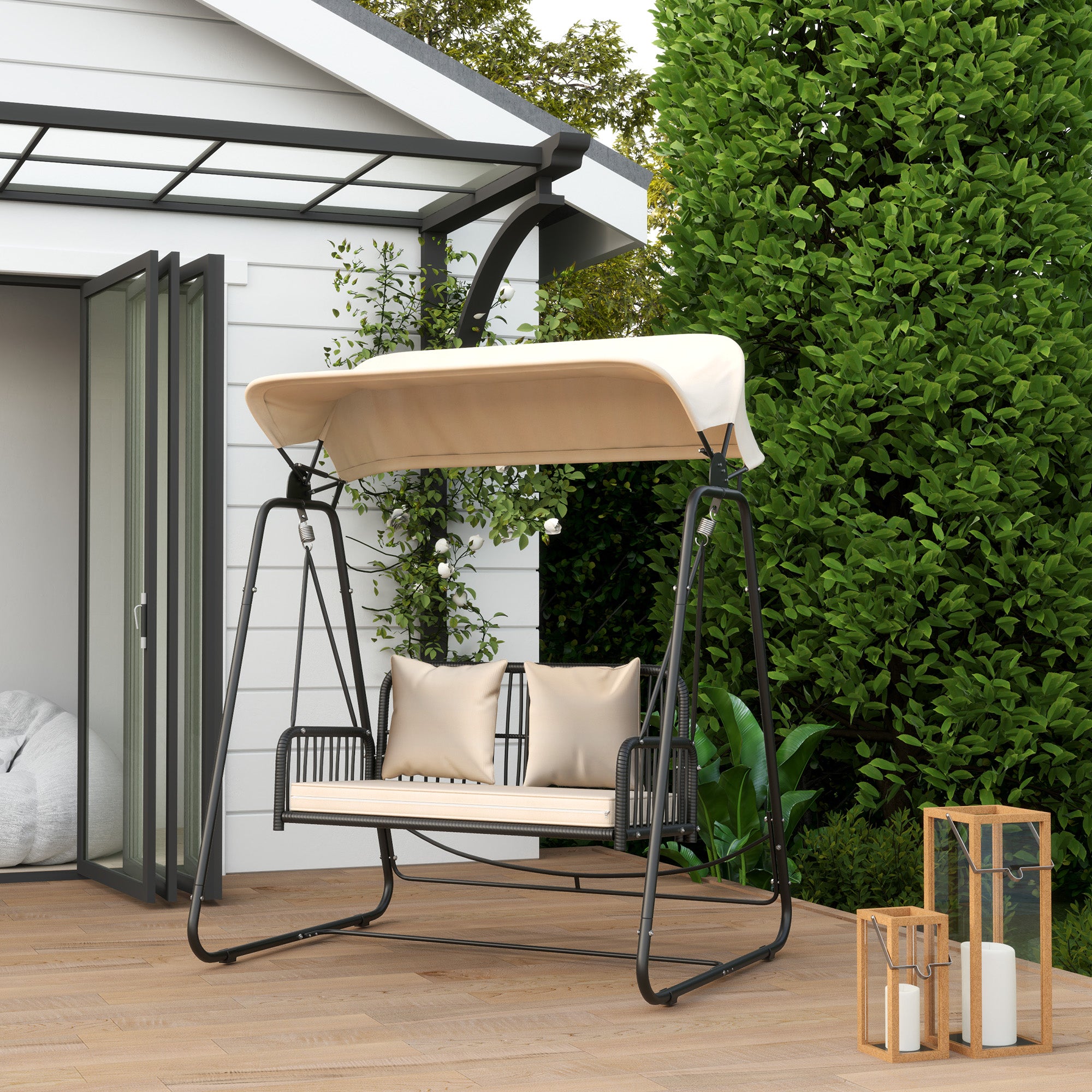 Outsunny Columpio de Jardín de 2 Plazas Balancín de Jardín Exterior con Toldo Retráctil Cojines y Estructura de Acero con Ratán PE Anti-UV para Balcón Terraza Patio Carga 240 kg 149x121x180 cm Caqui