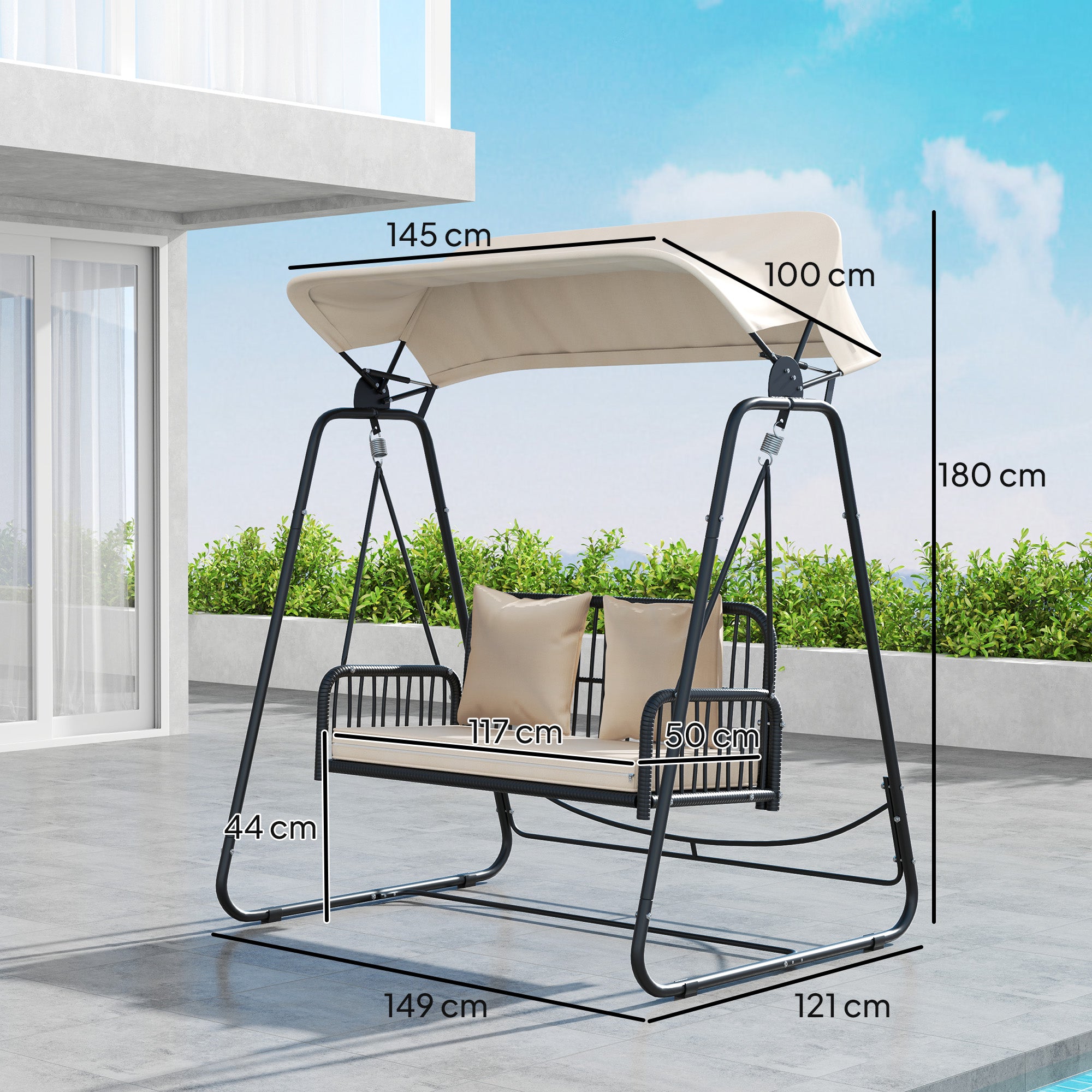 Outsunny Columpio de Jardín de 2 Plazas Balancín de Jardín Exterior con Toldo Retráctil Cojines y Estructura de Acero con Ratán PE Anti-UV para Balcón Terraza Patio Carga 240 kg 149x121x180 cm Caqui
