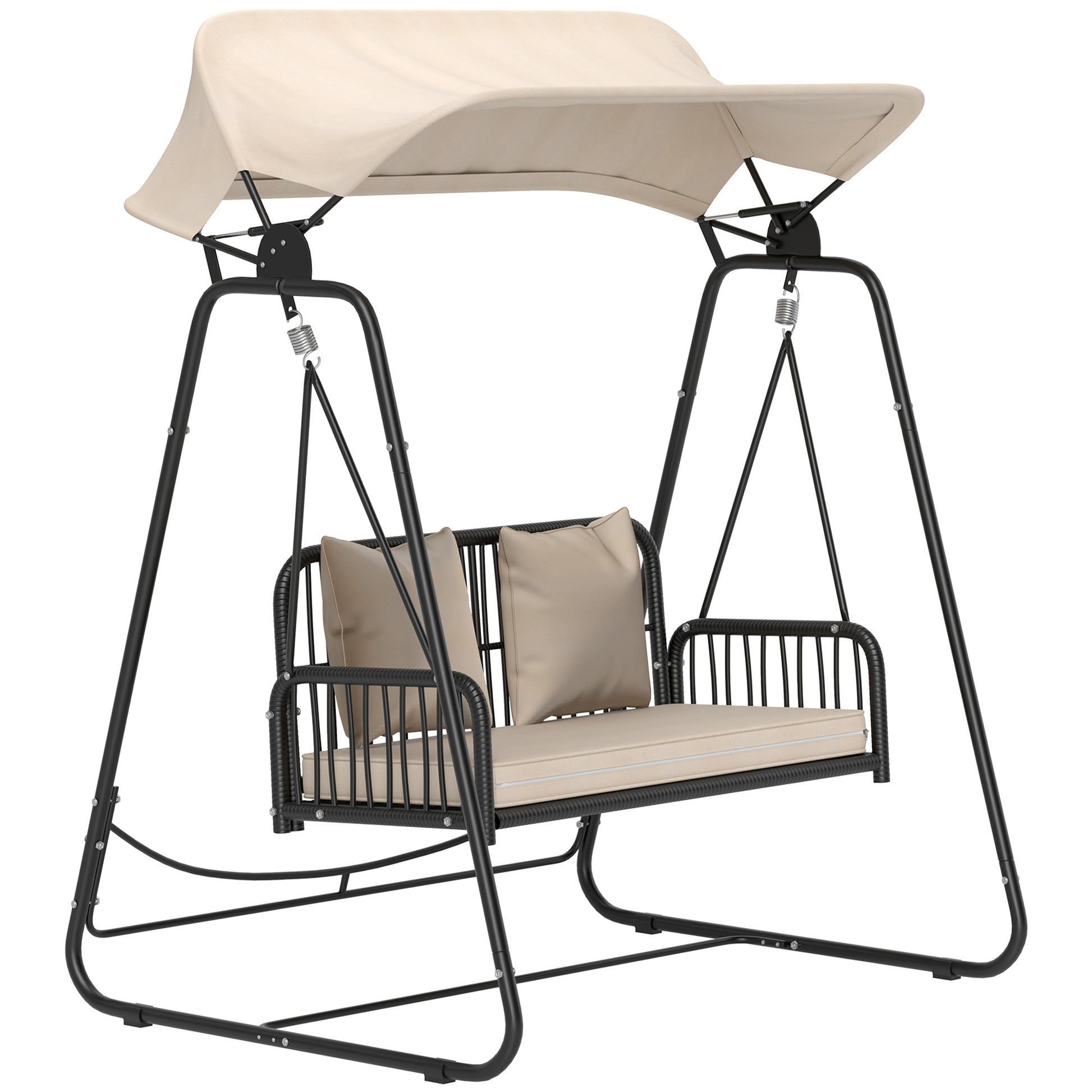 Outsunny Columpio de Jardín de 2 Plazas Balancín de Jardín Exterior con Toldo Retráctil Cojines y Estructura de Acero con Ratán PE Anti-UV para Balcón Terraza Patio Carga 240 kg 149x121x180 cm Caqui