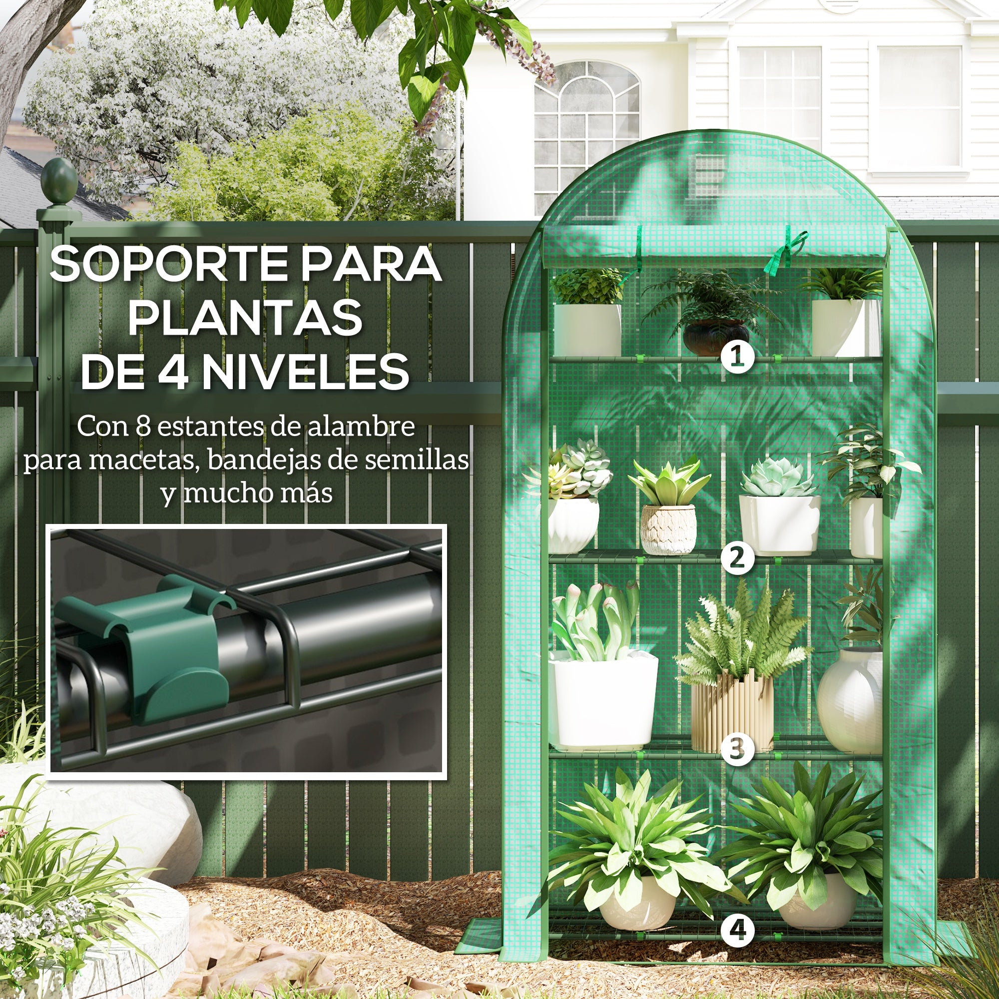 Outsunny Invernadero de Exterior Invernadero Pequeño de 4 Niveles con 4 Estantes Puerta Enrollable Cubierta de PE 140g/m² y Marco de Acero para Cultivos Plantas Flores 105x45x160 cm Verde