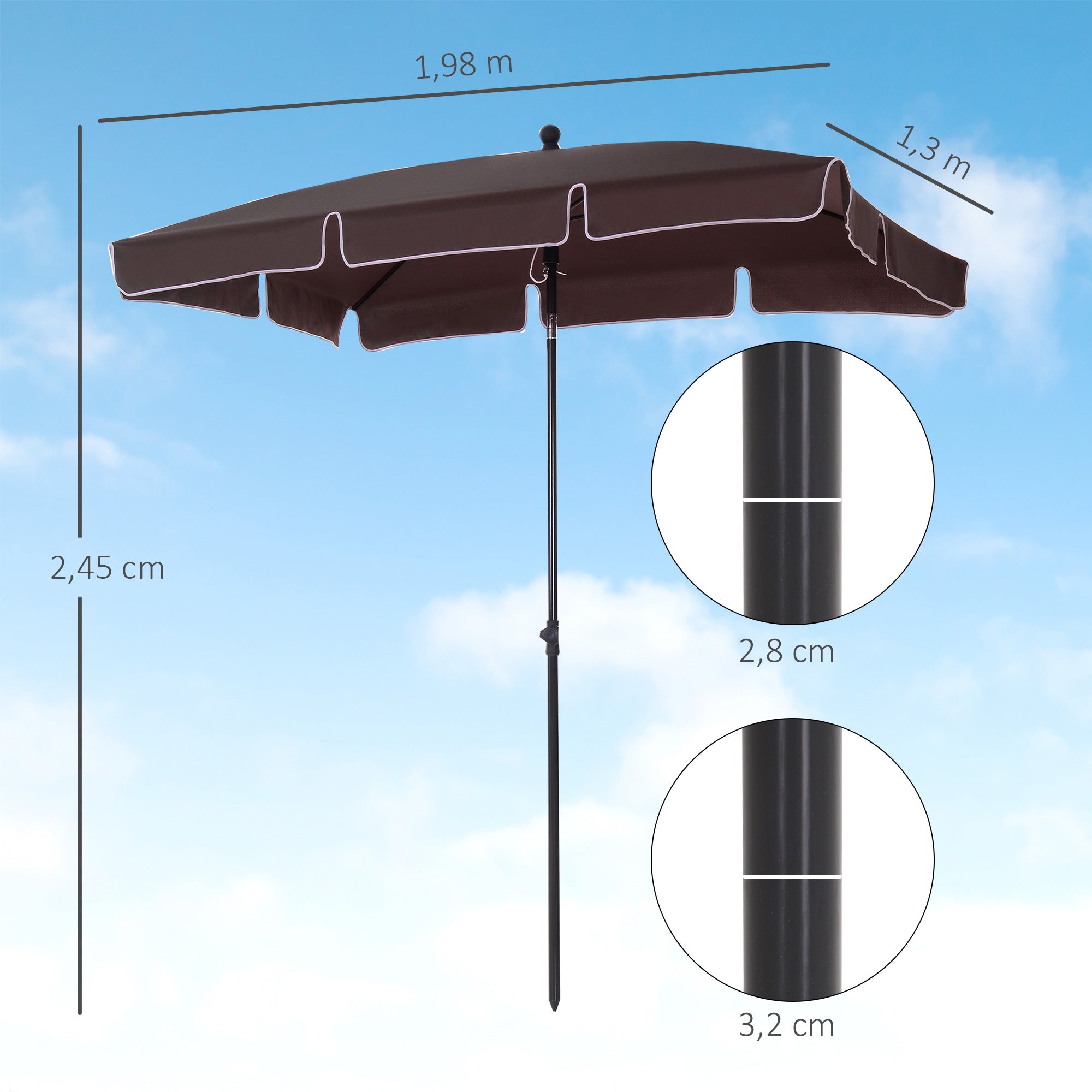 Outsunny Sombrilla de Jardín de Aluminio 198x130x245 cm Parasol de Jardín Rectangular con Función de Inclinación para Terraza Patio Exterior Café