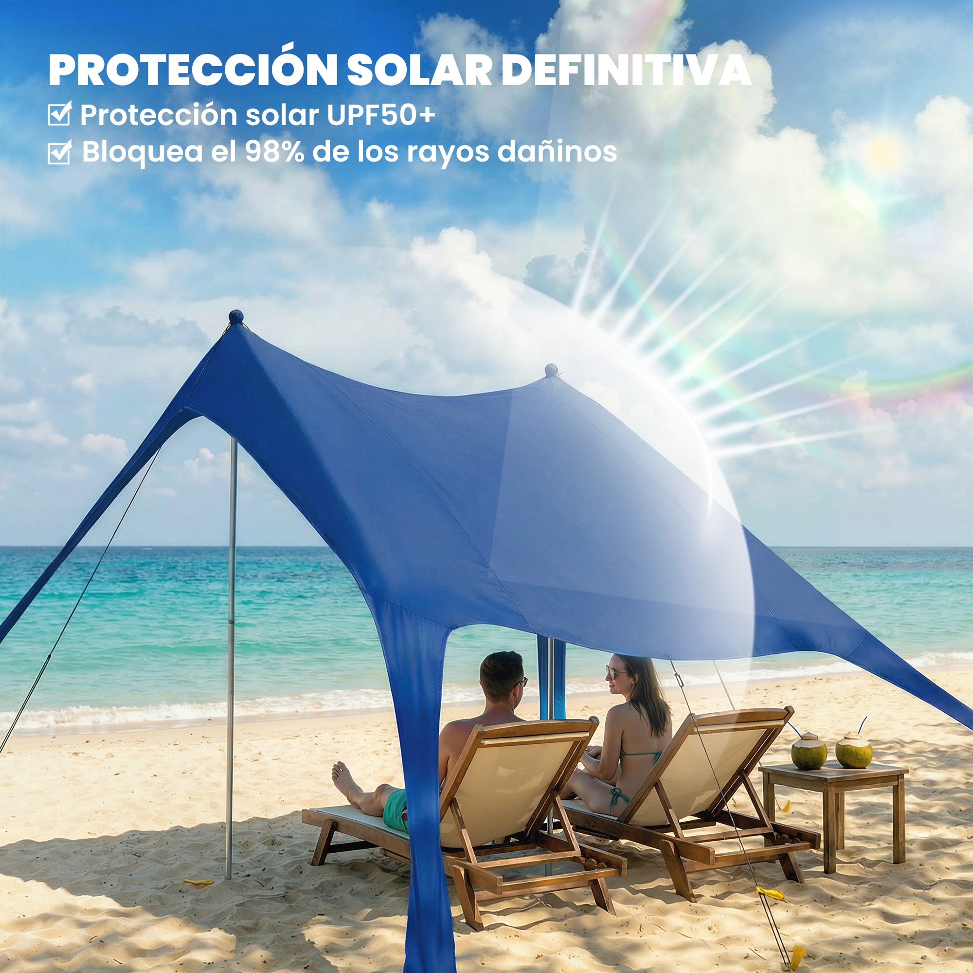 Outsunny Carpa Playa Plegable 208x200 cm, Toldo Playa Portátil para 2-4 Personas con Esterilla, UPF50+, Postes de Aluminio, Pala, Estacas y Bolsa de Transporte Impermeable, para Camping, Pesca, Azul