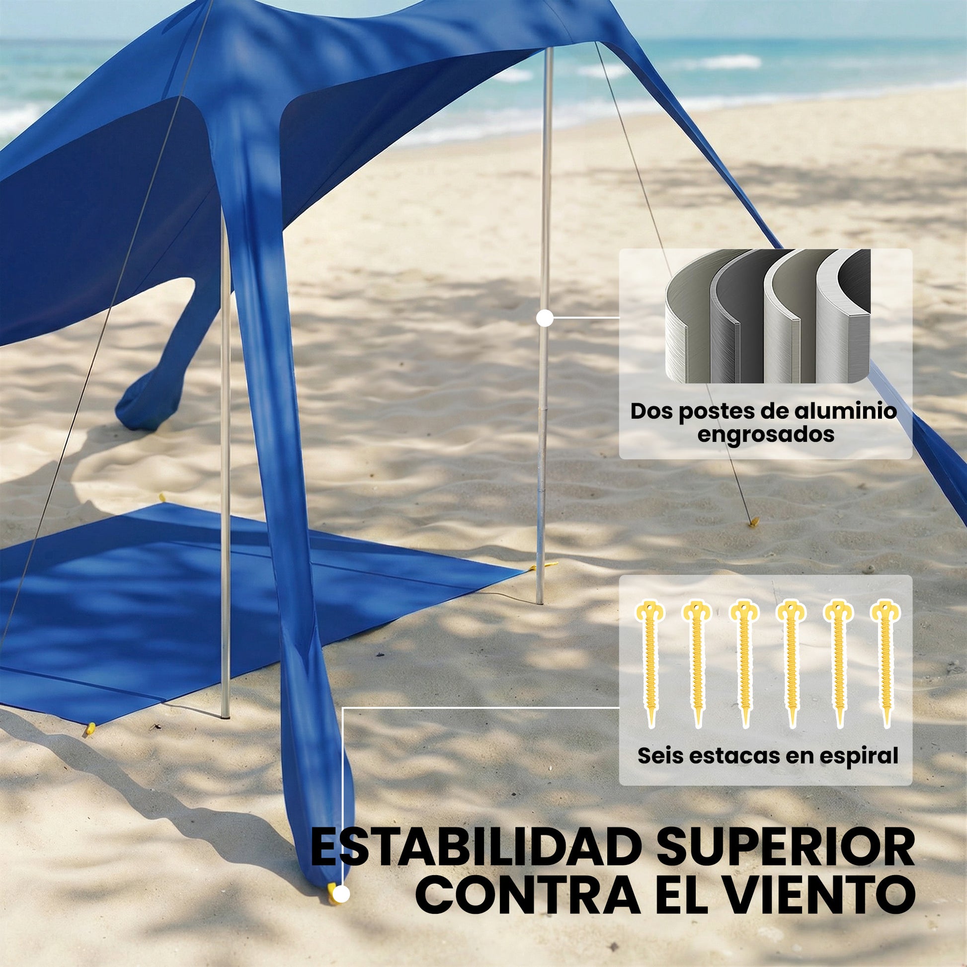 Outsunny Carpa Playa Plegable 208x200 cm, Toldo Playa Portátil para 2-4 Personas con Esterilla, UPF50+, Postes de Aluminio, Pala, Estacas y Bolsa de Transporte Impermeable, para Camping, Pesca, Azul