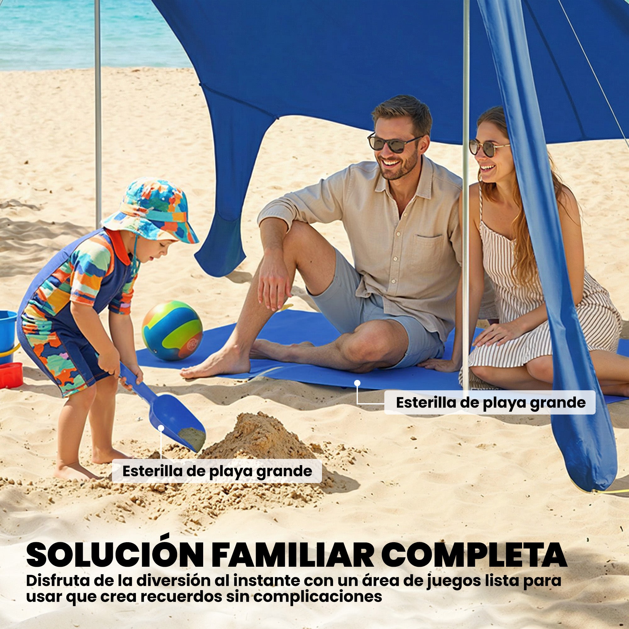 Outsunny Carpa Playa Plegable 208x200 cm, Toldo Playa Portátil para 2-4 Personas con Esterilla, UPF50+, Postes de Aluminio, Pala, Estacas y Bolsa de Transporte Impermeable, para Camping, Pesca, Azul