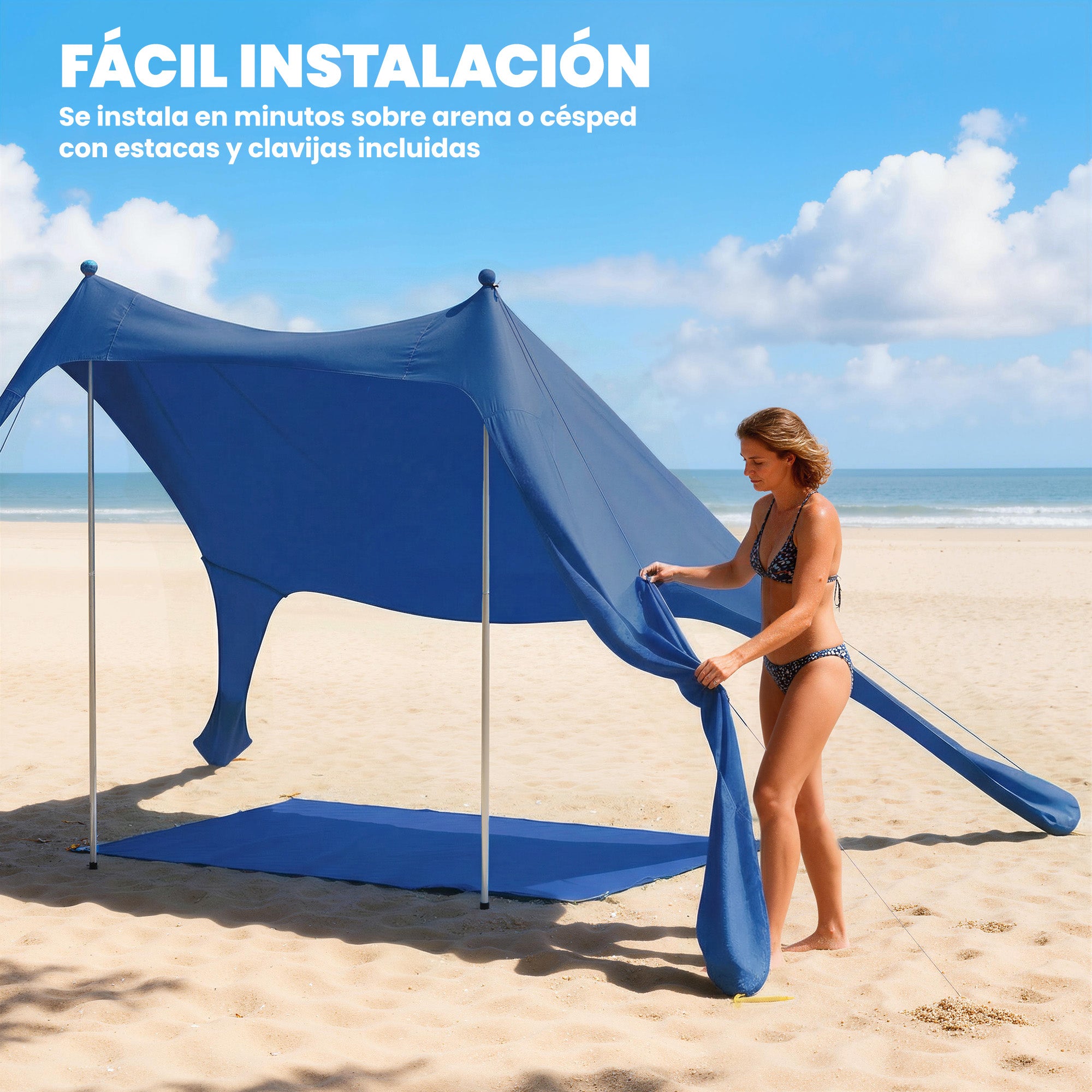 Outsunny Carpa Playa Plegable 208x200 cm, Toldo Playa Portátil para 2-4 Personas con Esterilla, UPF50+, Postes de Aluminio, Pala, Estacas y Bolsa de Transporte Impermeable, para Camping, Pesca, Azul