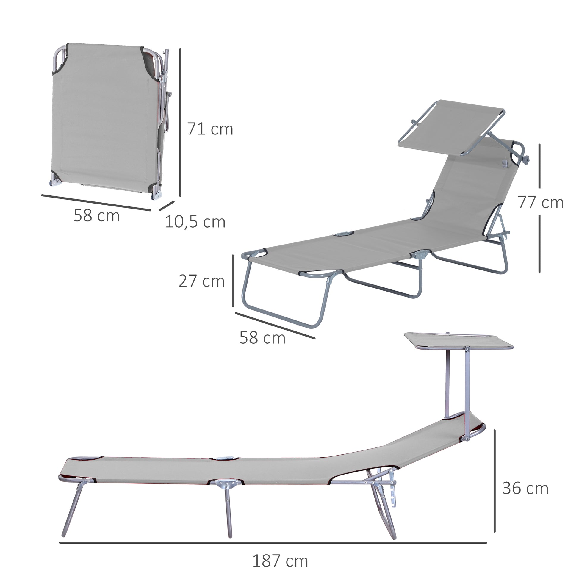 Outsunny Set de 2 Tumbonas Plegables Tumbonas de Jardín Exterior Reclinables con Toldo Desmontable con Ángulo Regulable Respaldo Ajustable en 4 Niveles para Terraza Piscina Patio 187x58x36 cm Gris