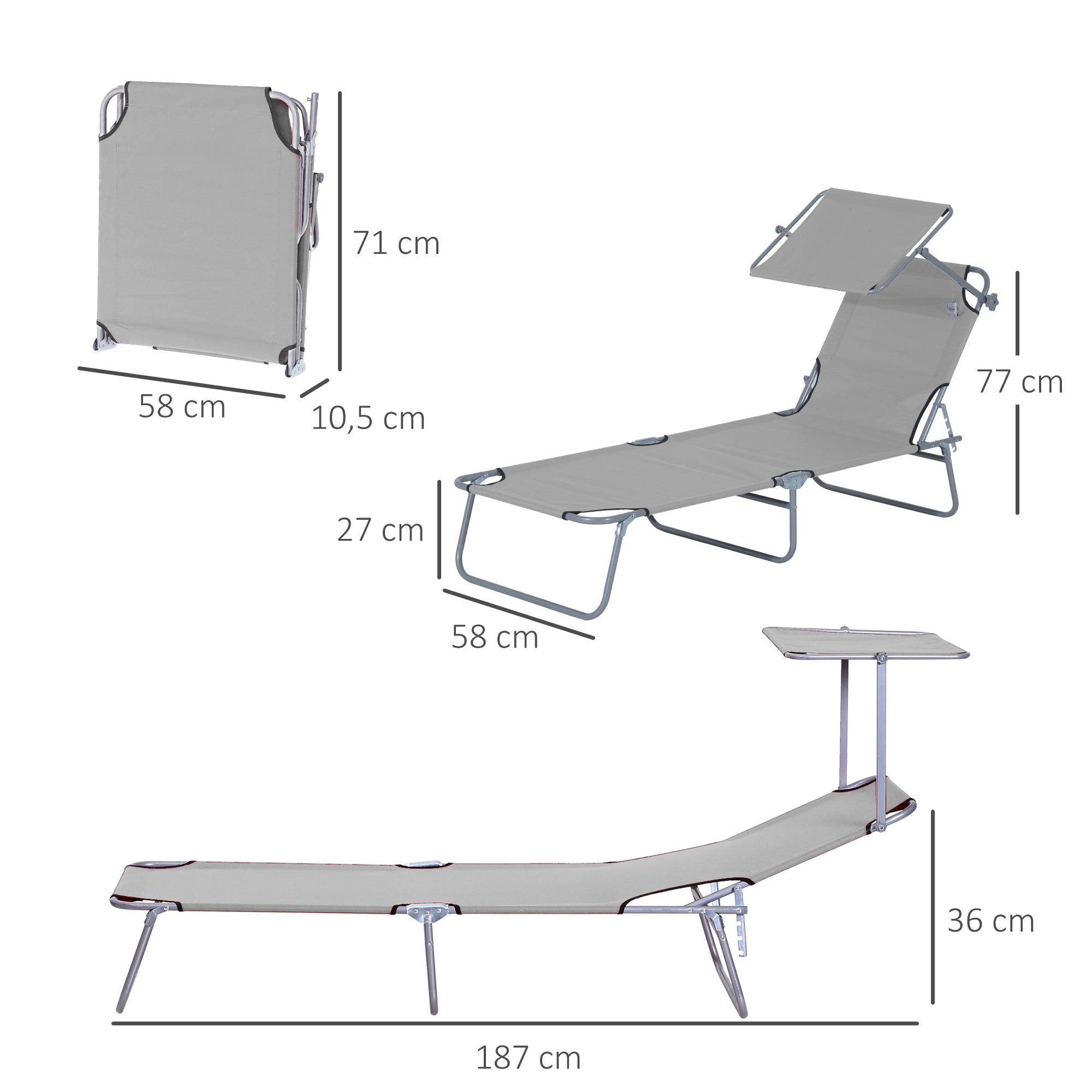 Outsunny Set de 2 Tumbonas Plegables Tumbonas de Jardín Exterior Reclinables con Toldo Desmontable con Ángulo Regulable Respaldo Ajustable en 4 Niveles para Terraza Piscina Patio 187x58x36 cm Gris