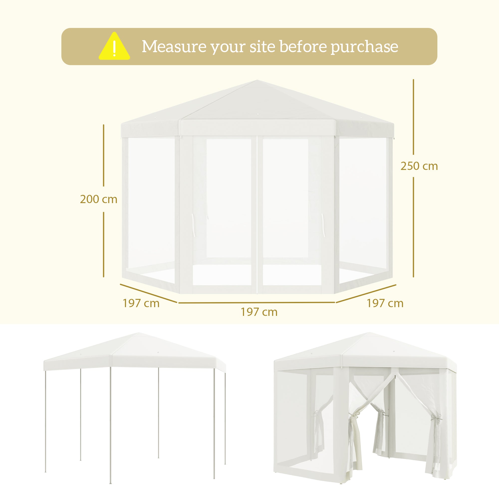 Outsunny Carpa Gazebo tipo Cenador Hexagonal con Mosquitera para Jardín y Terraza Ø1.97 m Material de Poliéster Impermeable (Crema)