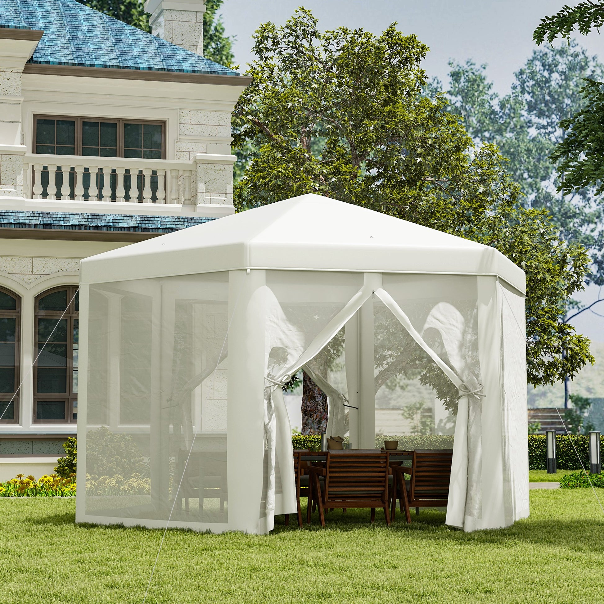 Outsunny Carpa Gazebo tipo Cenador Hexagonal con Mosquitera para Jardín y Terraza Ø1.97 m Material de Poliéster Impermeable (Crema)