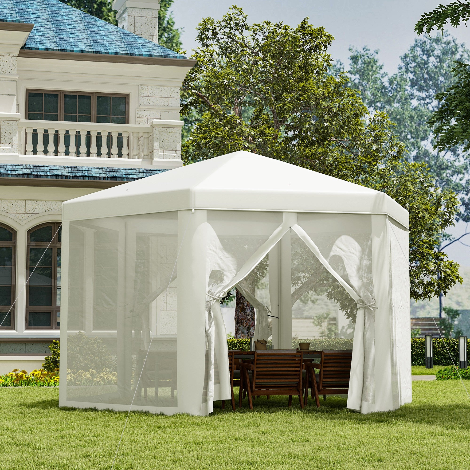 Outsunny Carpa Gazebo tipo Cenador Hexagonal con Mosquitera para Jardín y Terraza Ø1.97 m Material de Poliéster Impermeable (Crema)