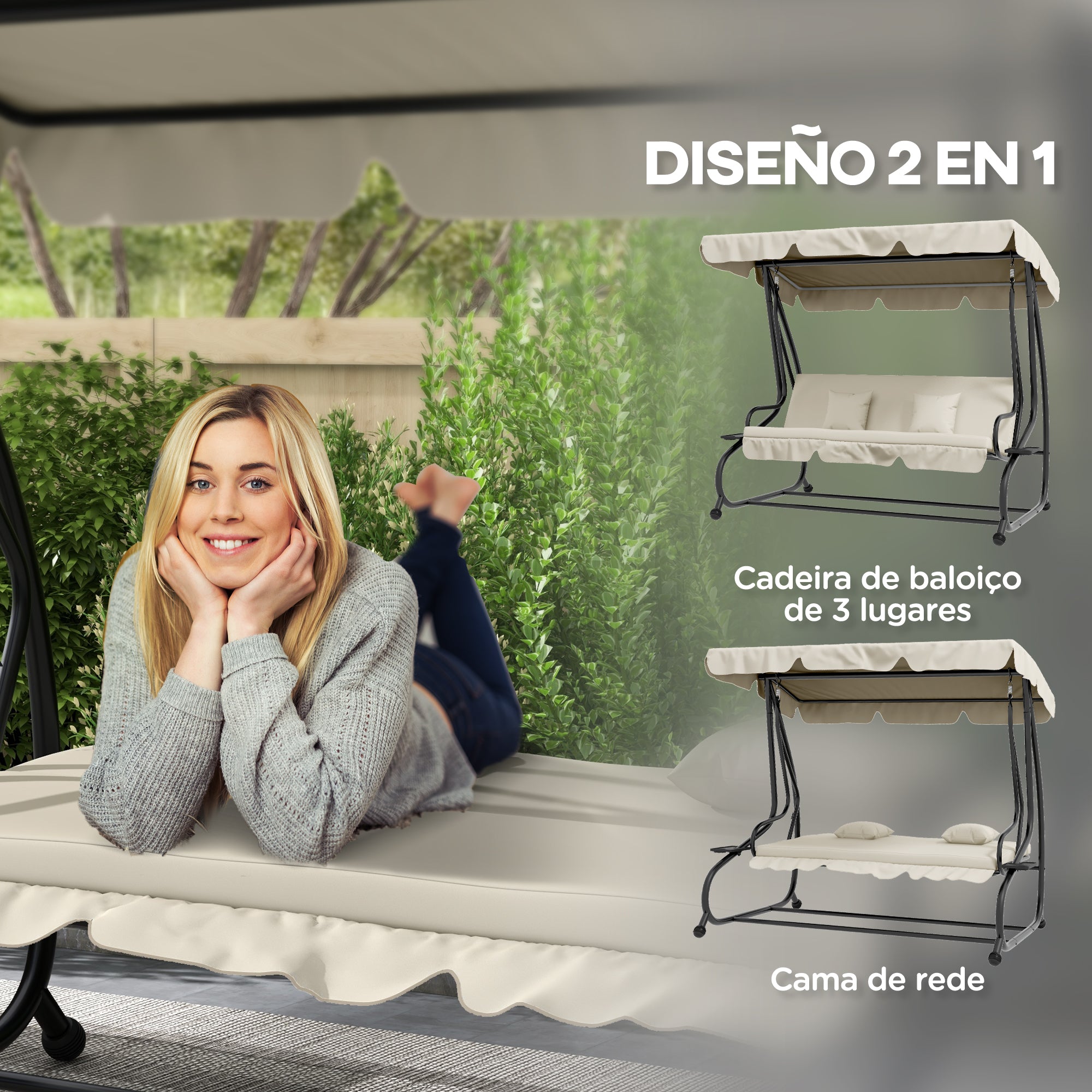 Outsunny Balancín de Jardín Exterior de 3 Plazas Columpio de Jardín Exterior Convertible en Cama con Toldo Ajustable Soportes Laterales y 2 Almohadas Carga 340 kg 200x120x164 cm Crema