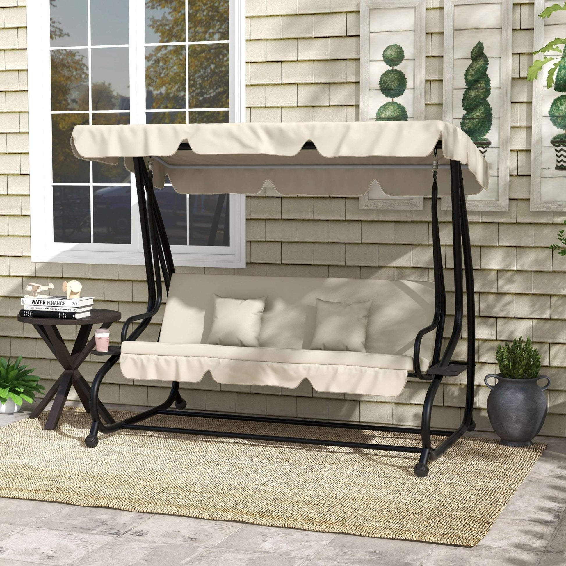 Outsunny Balancín de Jardín Exterior de 3 Plazas Columpio de Jardín Exterior Convertible en Cama con Toldo Ajustable Soportes Laterales y 2 Almohadas Carga 340 kg 200x120x164 cm Crema