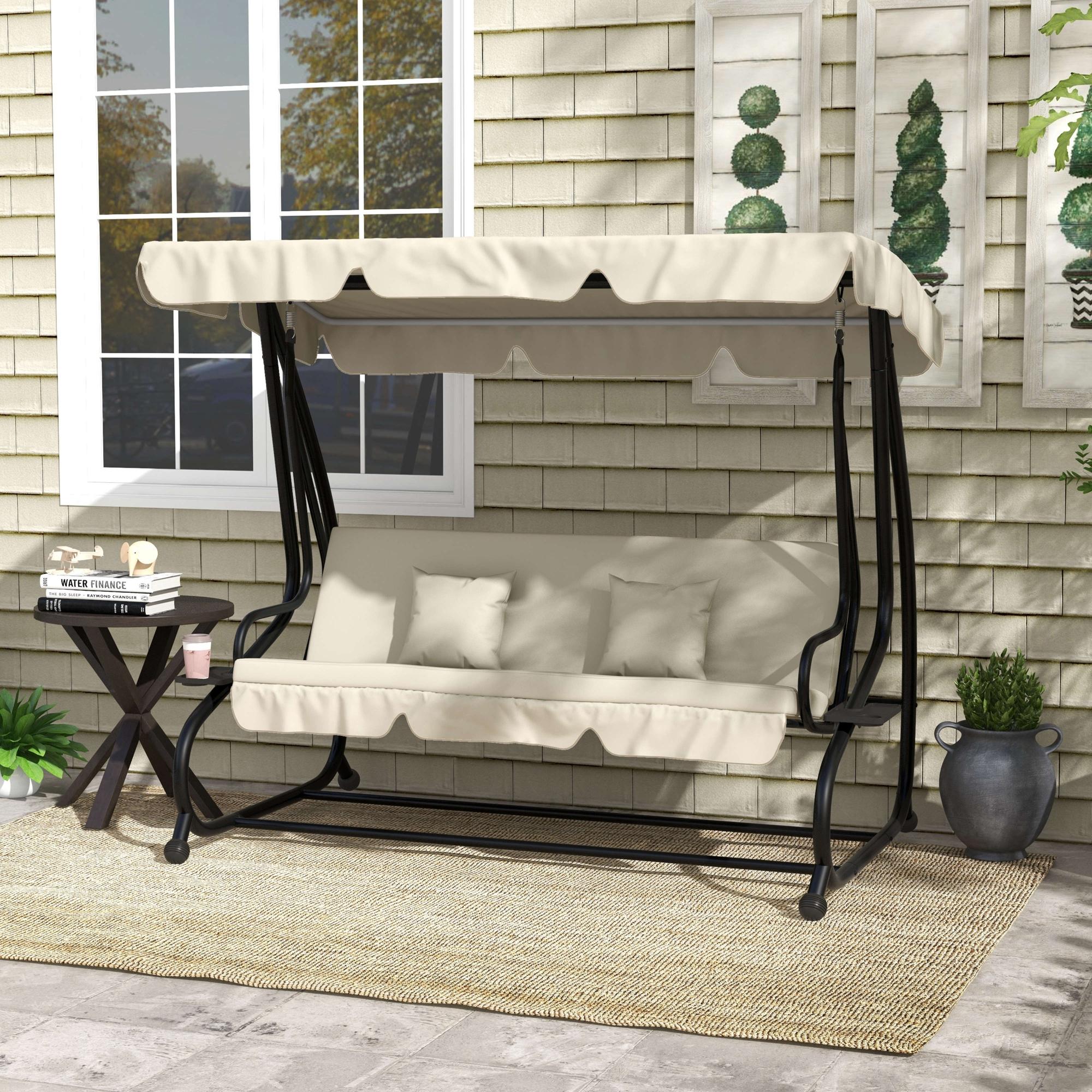 Outsunny Balancín de Jardín Exterior de 3 Plazas Columpio de Jardín Exterior Convertible en Cama con Toldo Ajustable Soportes Laterales y 2 Almohadas Carga 340 kg 200x120x164 cm Crema