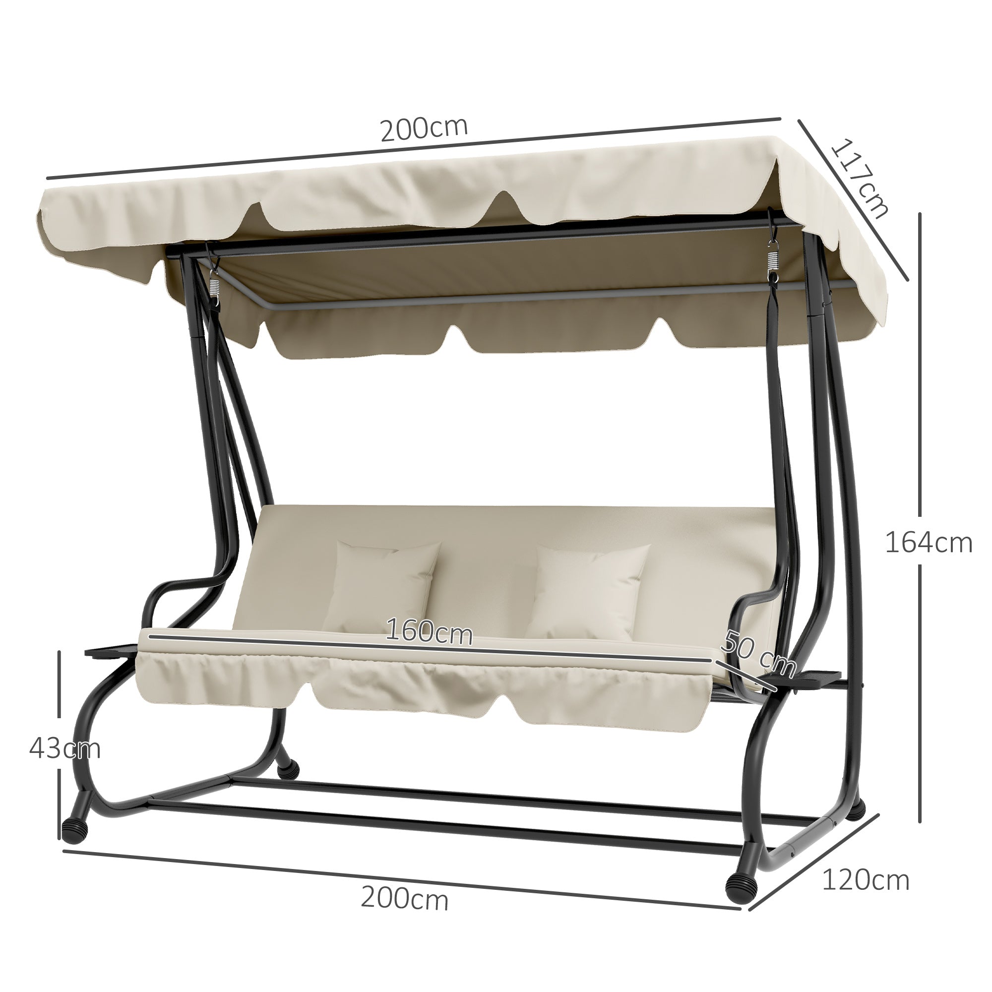 Outsunny Balancín de Jardín Exterior de 3 Plazas Columpio de Jardín Exterior Convertible en Cama con Toldo Ajustable Soportes Laterales y 2 Almohadas Carga 340 kg 200x120x164 cm Crema