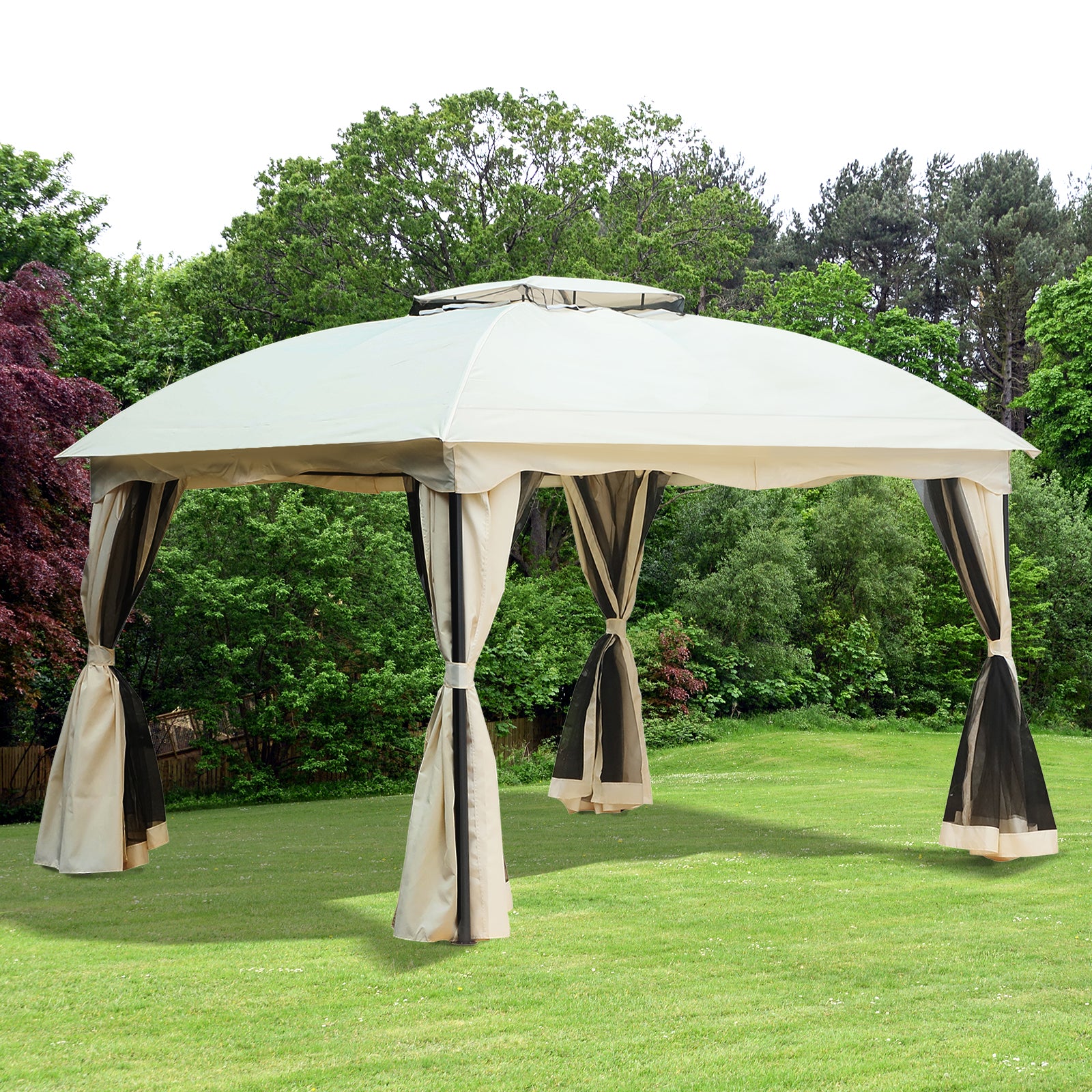 Outsunny Cenador de Jardín 3x3,7x2,8 m Gazebo Pabellón de Exterior con Techo 4 Paredes Laterales 4 Mosquiteras Gancho y Marco Metálico para Patio Crema