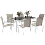 Outsunny Conjunto de Comedor de Exterior Juego de Comedor de Jardín de 7 Piezas con 1 Mesa 6 Sillas Apilables y Marco de Acero para Terraza Patio Blanco y Gris