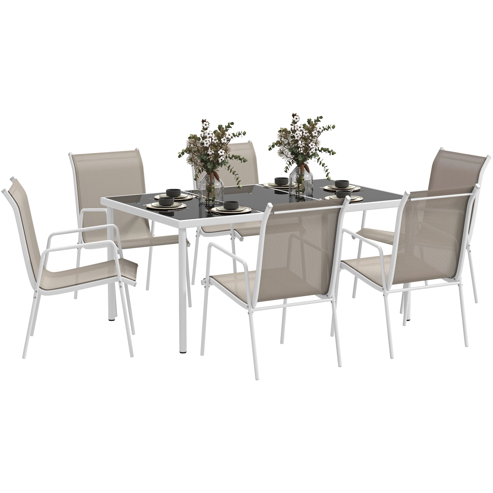 Outsunny Conjunto de Comedor de Exterior Juego de Comedor de Jardín de 7 Piezas con 1 Mesa 6 Sillas Apilables y Marco de Acero para Terraza Patio Blanco y Gris
