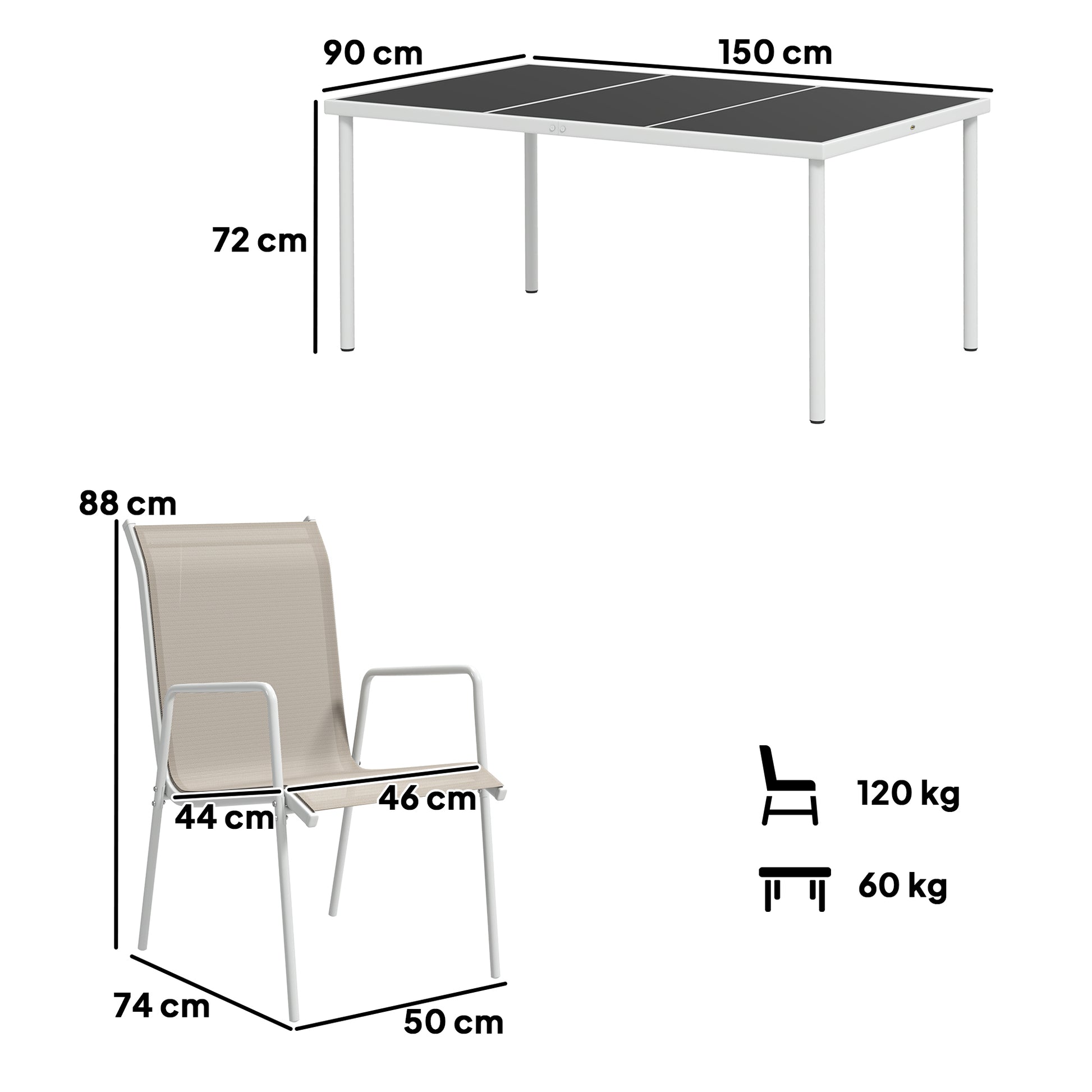 Outsunny Conjunto de Comedor de Exterior Juego de Comedor de Jardín de 7 Piezas con 1 Mesa 6 Sillas Apilables y Marco de Acero para Terraza Patio Blanco y Gris