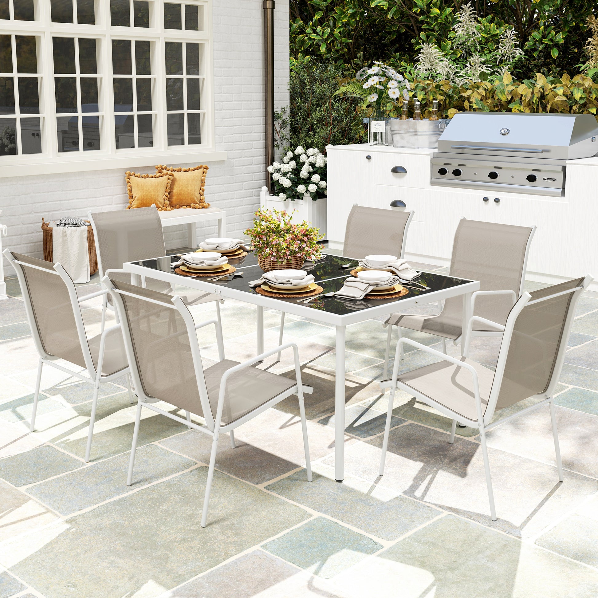 Outsunny Conjunto de Comedor de Exterior Juego de Comedor de Jardín de 7 Piezas con 1 Mesa 6 Sillas Apilables y Marco de Acero para Terraza Patio Blanco y Gris