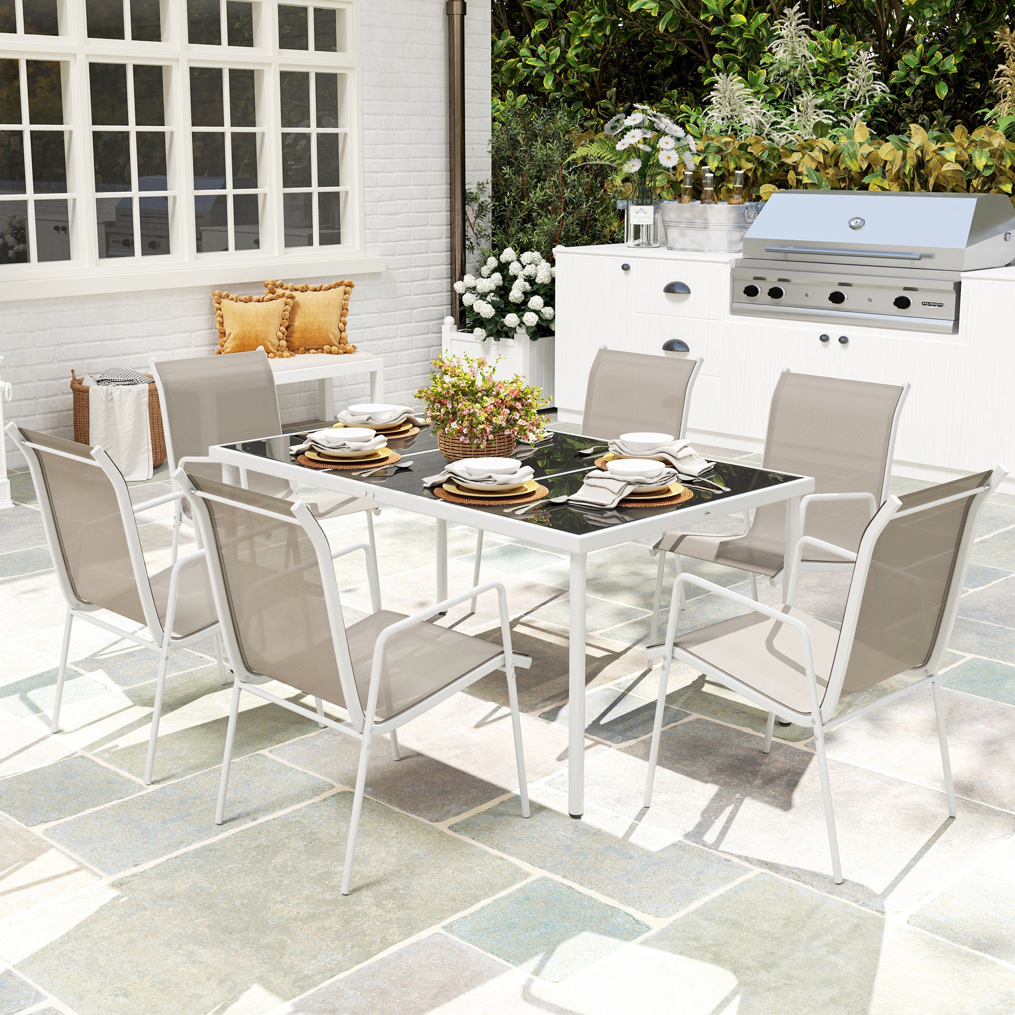 Outsunny Conjunto de Comedor de Exterior Juego de Comedor de Jardín de 7 Piezas con 1 Mesa 6 Sillas Apilables y Marco de Acero para Terraza Patio Blanco y Gris