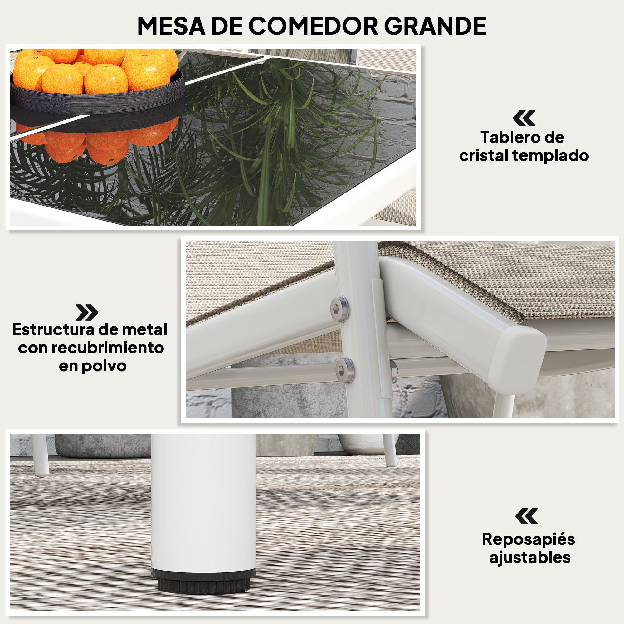 Outsunny Conjunto de Comedor de Exterior Juego de Comedor de Jardín de 7 Piezas con 1 Mesa 6 Sillas Apilables y Marco de Acero para Terraza Patio Blanco y Gris