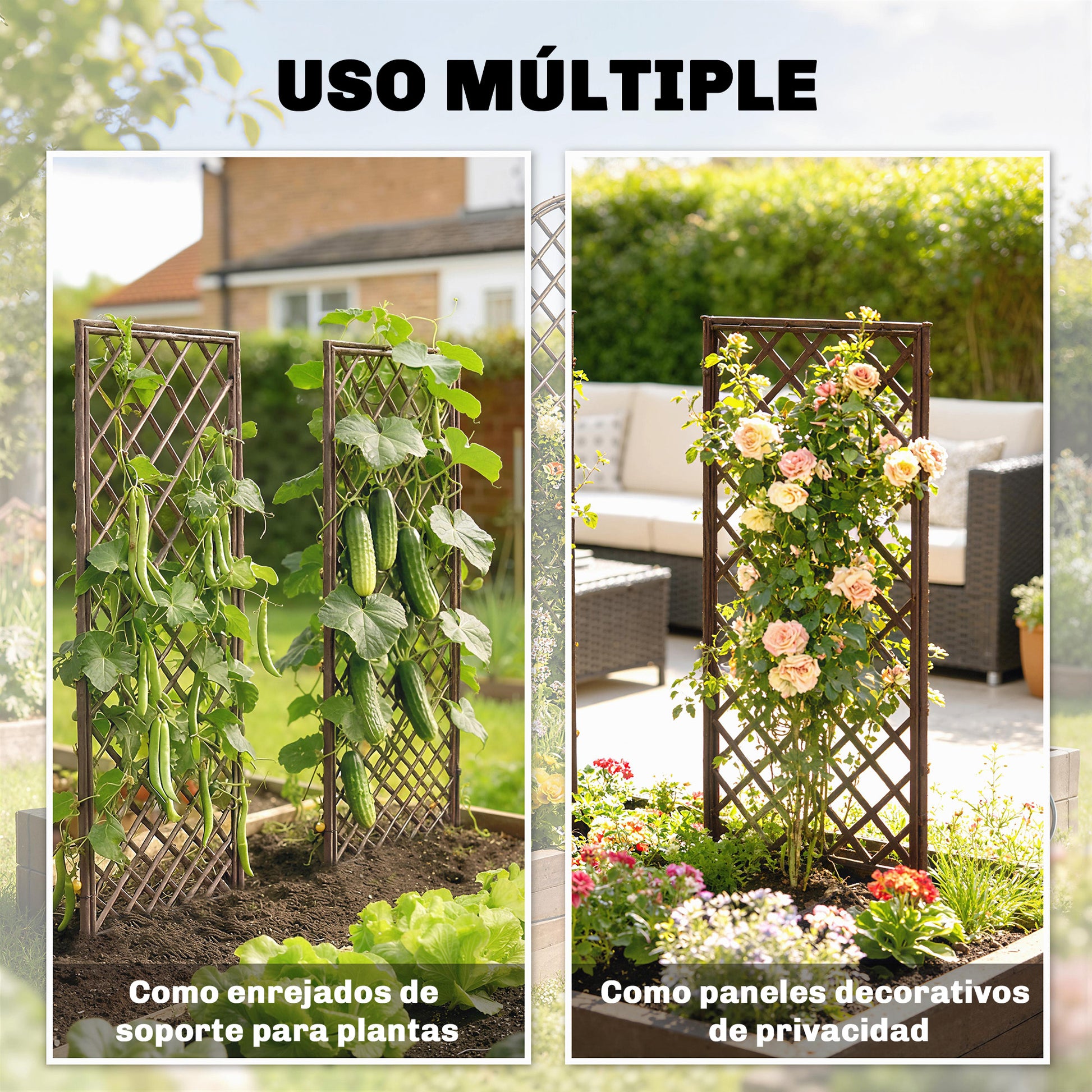 Outsunny Juego de 3 Enrejados de Jardín de Mimbre, Soportes para Plantas Trepadoras con Parte Superior Plana, para Frutas, Verduras, Flores, Decoración Exterior para Patio, 43x112 cm, Madera Natural