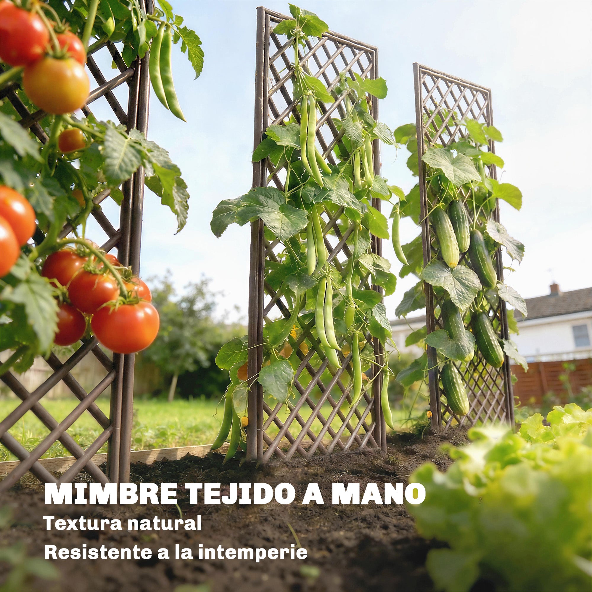 Outsunny Juego de 3 Enrejados de Jardín de Mimbre, Soportes para Plantas Trepadoras con Parte Superior Plana, para Frutas, Verduras, Flores, Decoración Exterior para Patio, 43x112 cm, Madera Natural
