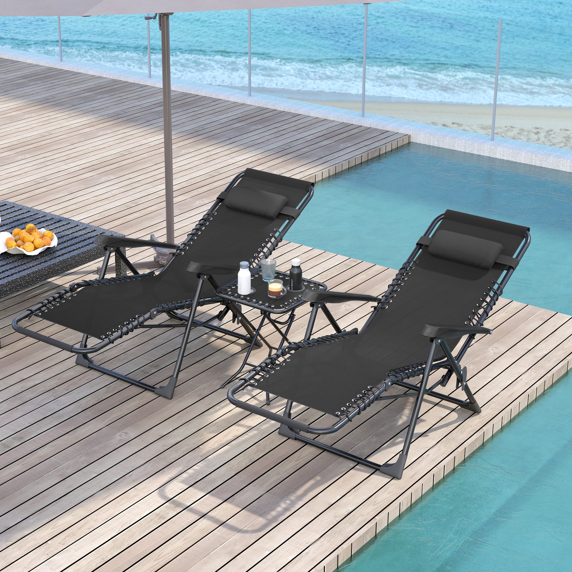 Outsunny Set de 2 Tumbonas Jardín Exterior Plegables con Mesa Auxiliar Portavasos Tumbonas de Gravedad Cero con Respaldo Ajustable Reposabrazos Extraíble para Patio Piscina Terraza Exterior Negro