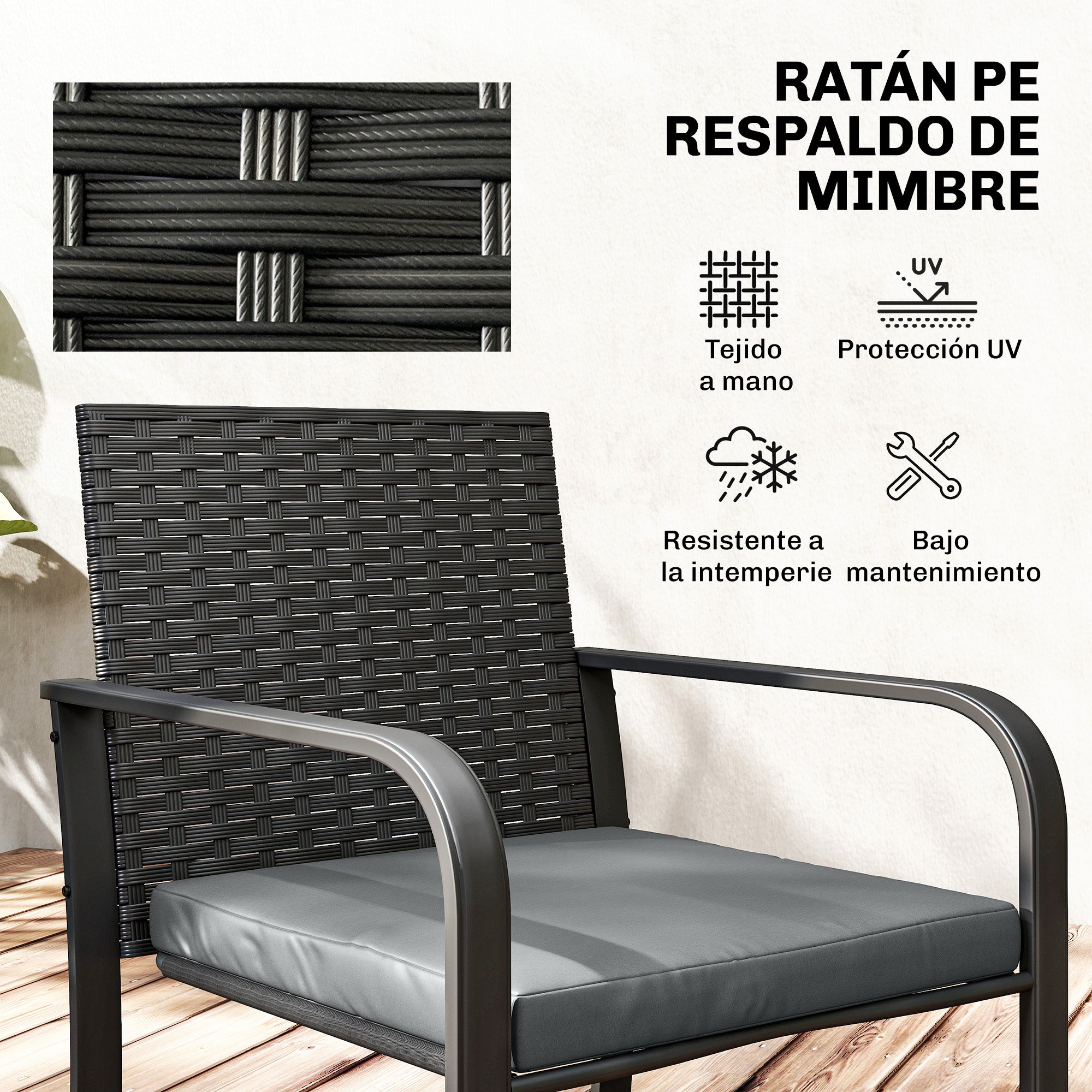 Outsunny Conjunto de Jardín Exterior de 3 Piezas, Muebles Jardín Exterior de Ratán con 2 Sillas con Cojines, Tela Textilene y Mesa de Vidrio Templado, Resistente a Intemperie, para Balcón, Patio, Gris