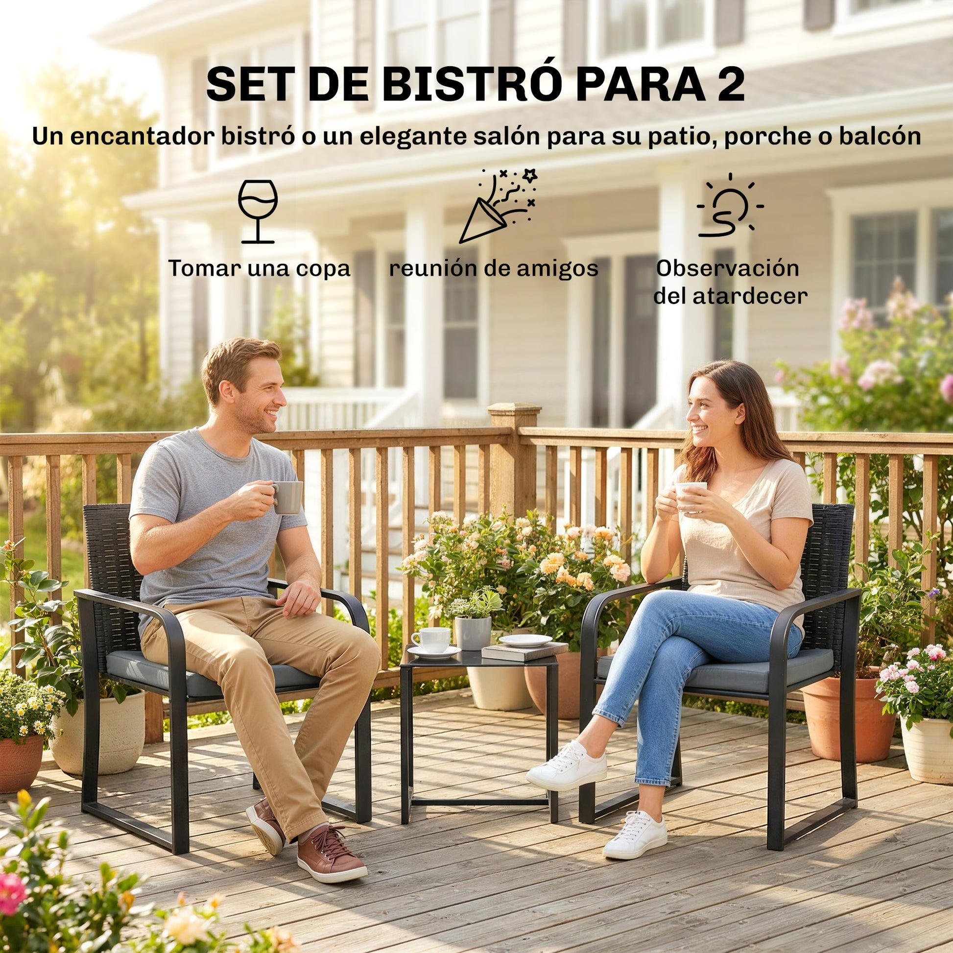 Outsunny Conjunto de Jardín Exterior de 3 Piezas, Muebles Jardín Exterior de Ratán con 2 Sillas con Cojines, Tela Textilene y Mesa de Vidrio Templado, Resistente a Intemperie, para Balcón, Patio, Gris