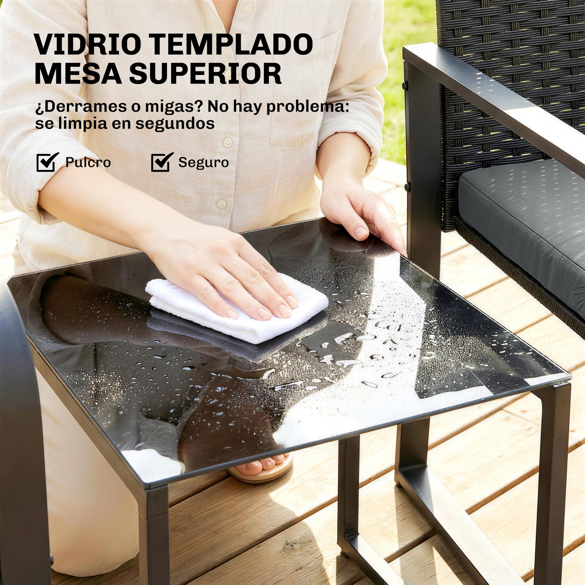Outsunny Conjunto de Jardín Exterior de 3 Piezas, Muebles Jardín Exterior de Ratán con 2 Sillas con Cojines, Tela Textilene y Mesa de Vidrio Templado, Resistente a Intemperie, para Balcón, Patio, Gris