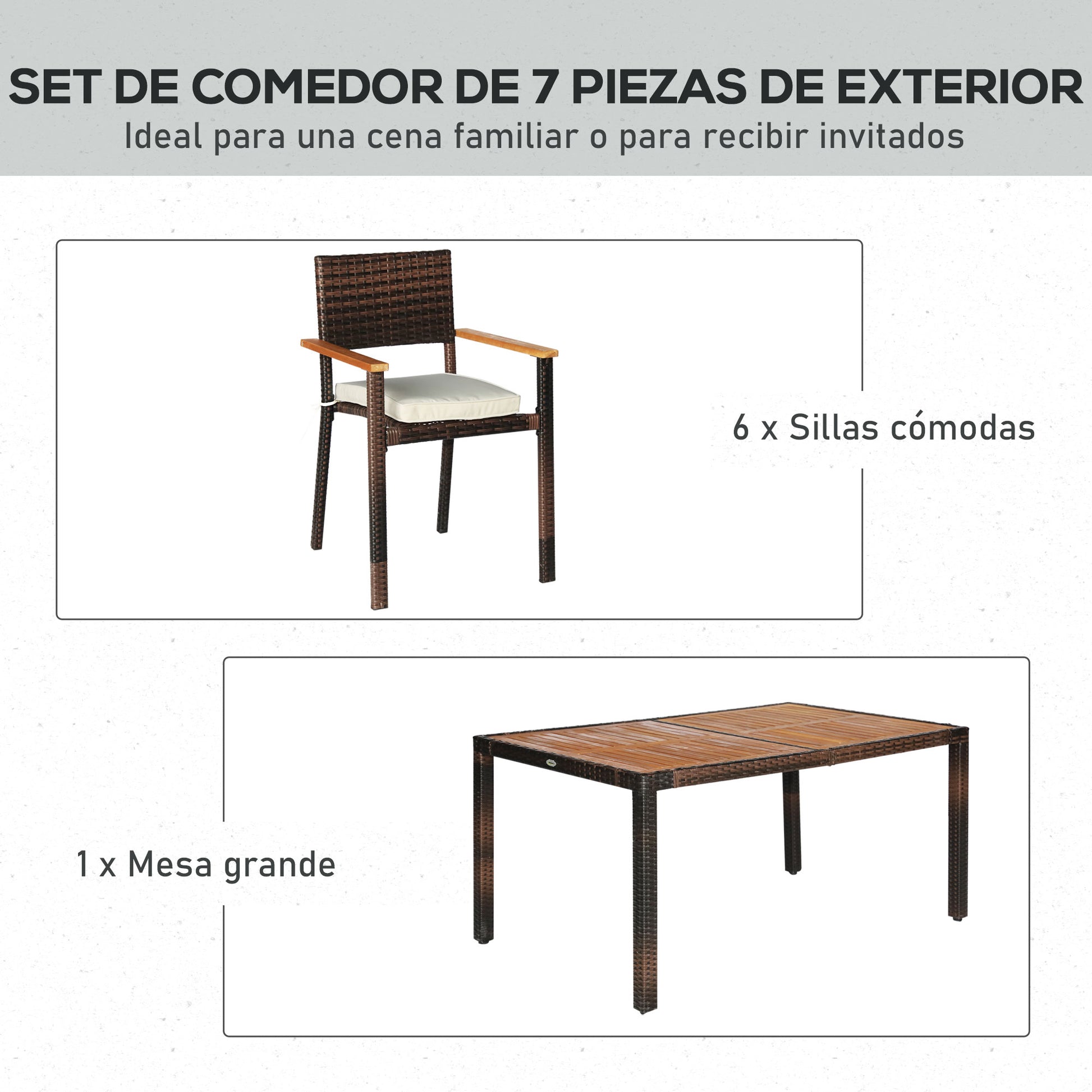 Outsunny Conjunto Muebles de Ratán Sintético para Jardín 7 Piezas Juego de Comedor de Mimbre para Exteriores con 6 Sillas con Cojines y Mesa 150x90x74 cm y 50x55x88 cm Marrón