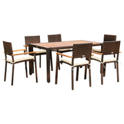 Outsunny Conjunto Muebles de Ratán Sintético para Jardín 7 Piezas Juego de Comedor de Mimbre para Exteriores con 6 Sillas con Cojines y Mesa 150x90x74 cm y 50x55x88 cm Marrón
