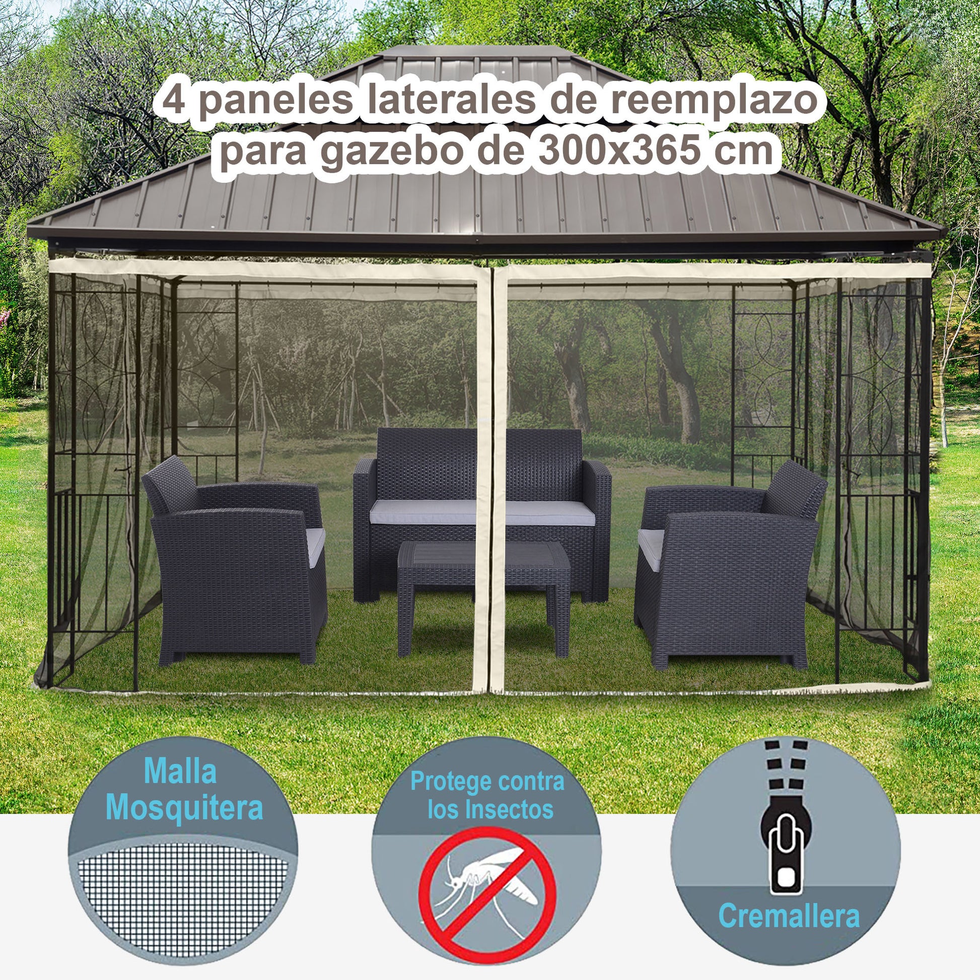 Outsunny 4 Paneles Laterales 3,4x2 cm para Carpa de Jardín Tela Mosquitera para Cenador Gazebo con Cremalleras y Anillas Negro