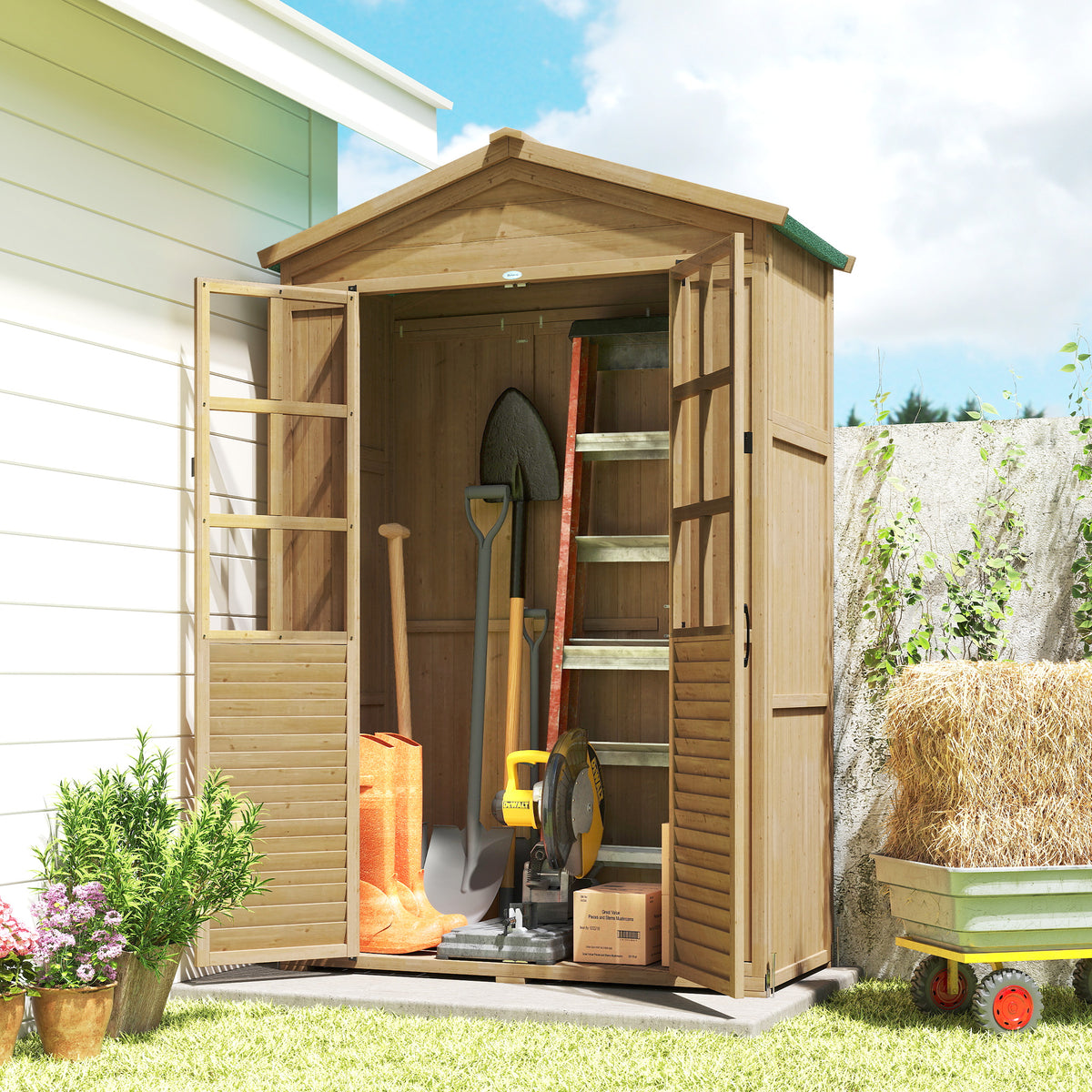 Outsunny Caseta de Jardín de Madera, Cobertizo Jardín Exterior Pequeño con Estantes y Ventanas de Acrílico, Techo de Asfalto y Puertas con Pestillo, para Herramientas, 128x57,5x197 cm, Marrón Claro