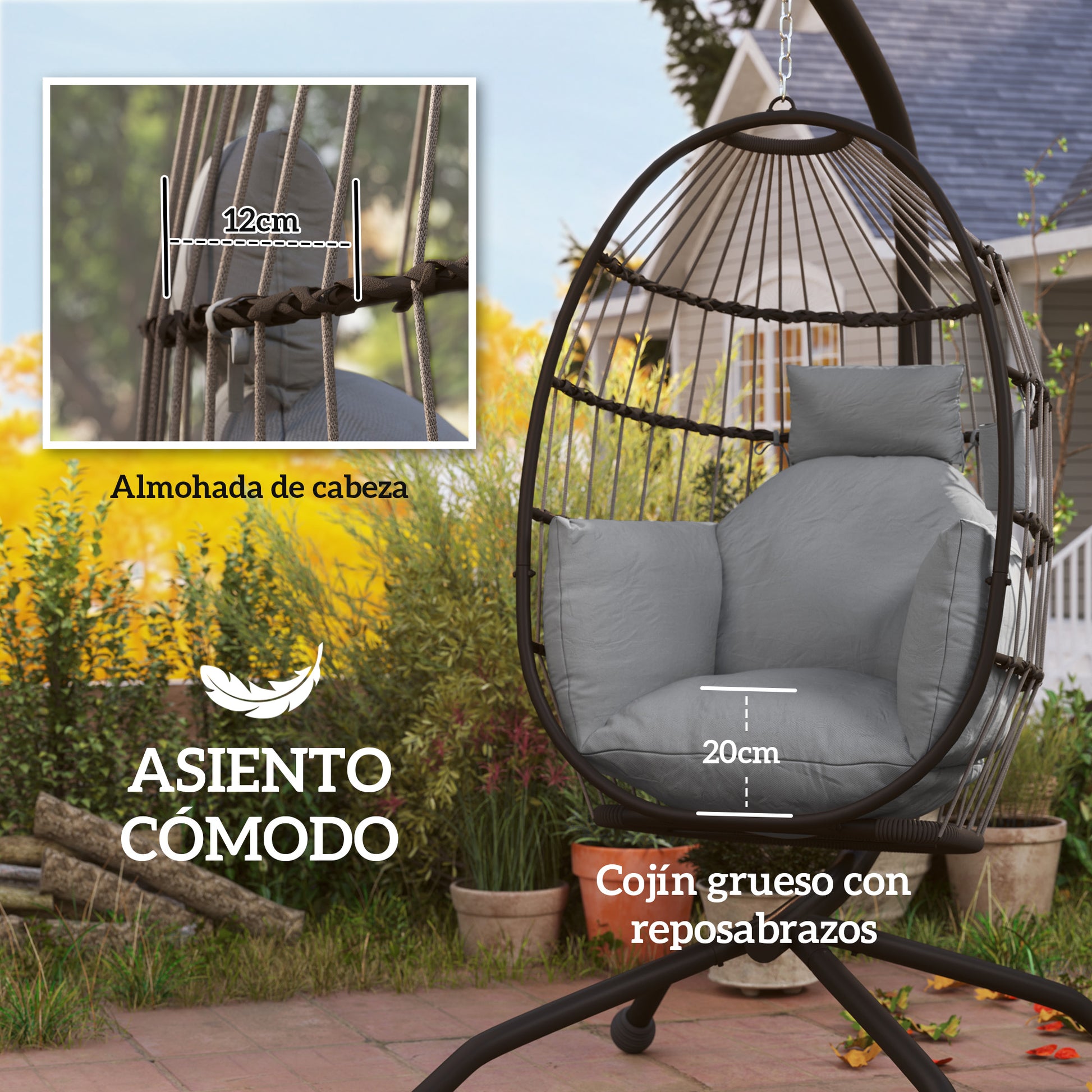 Outsunny Silla Colgante Huevo con Soporte Columpio Jardín Exterior con Cesta Plegable Cojín y Reposacabezas Columpio Colgante para Interior y Exterior Carga 120 kg Gris